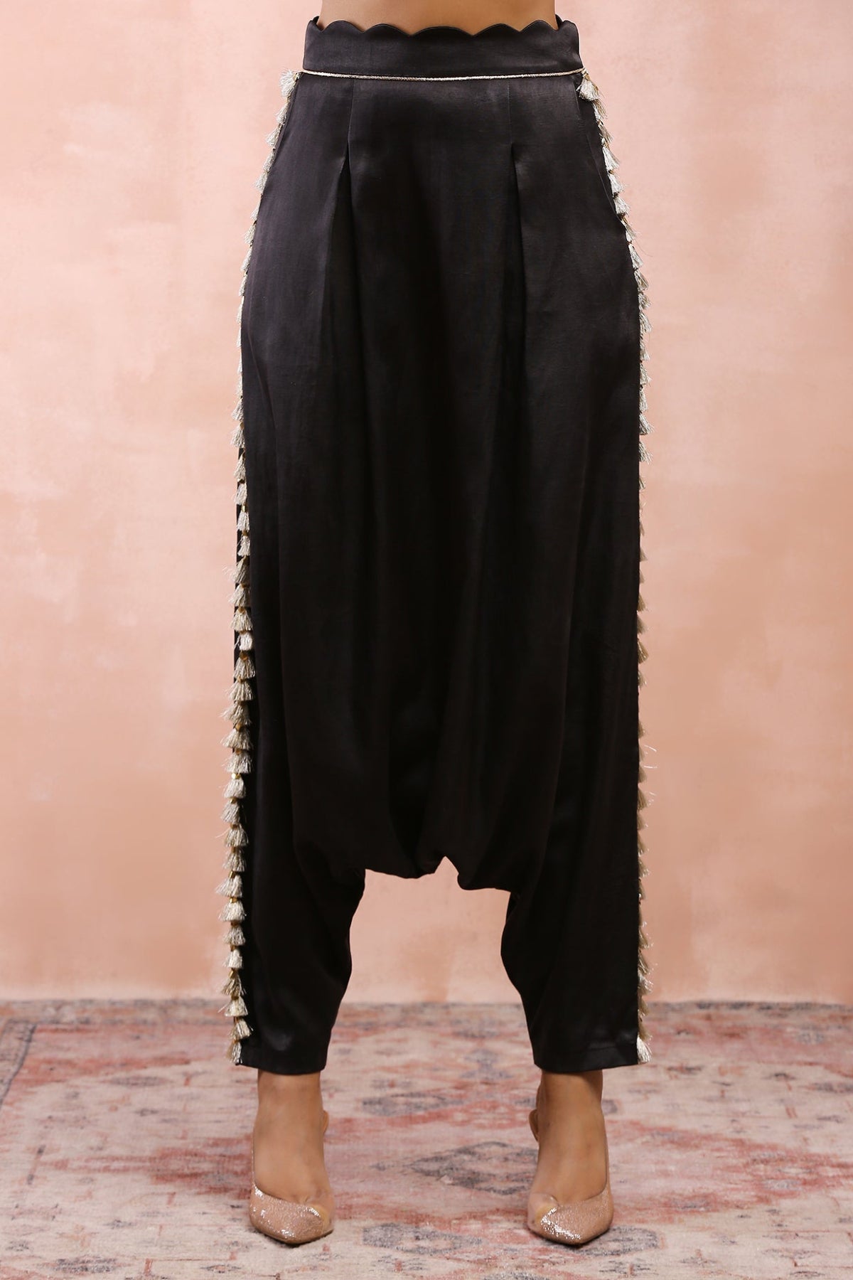 BLACK EMBROIDERED JACKET WITH BUSTIER AND LOW CROTCH PANT