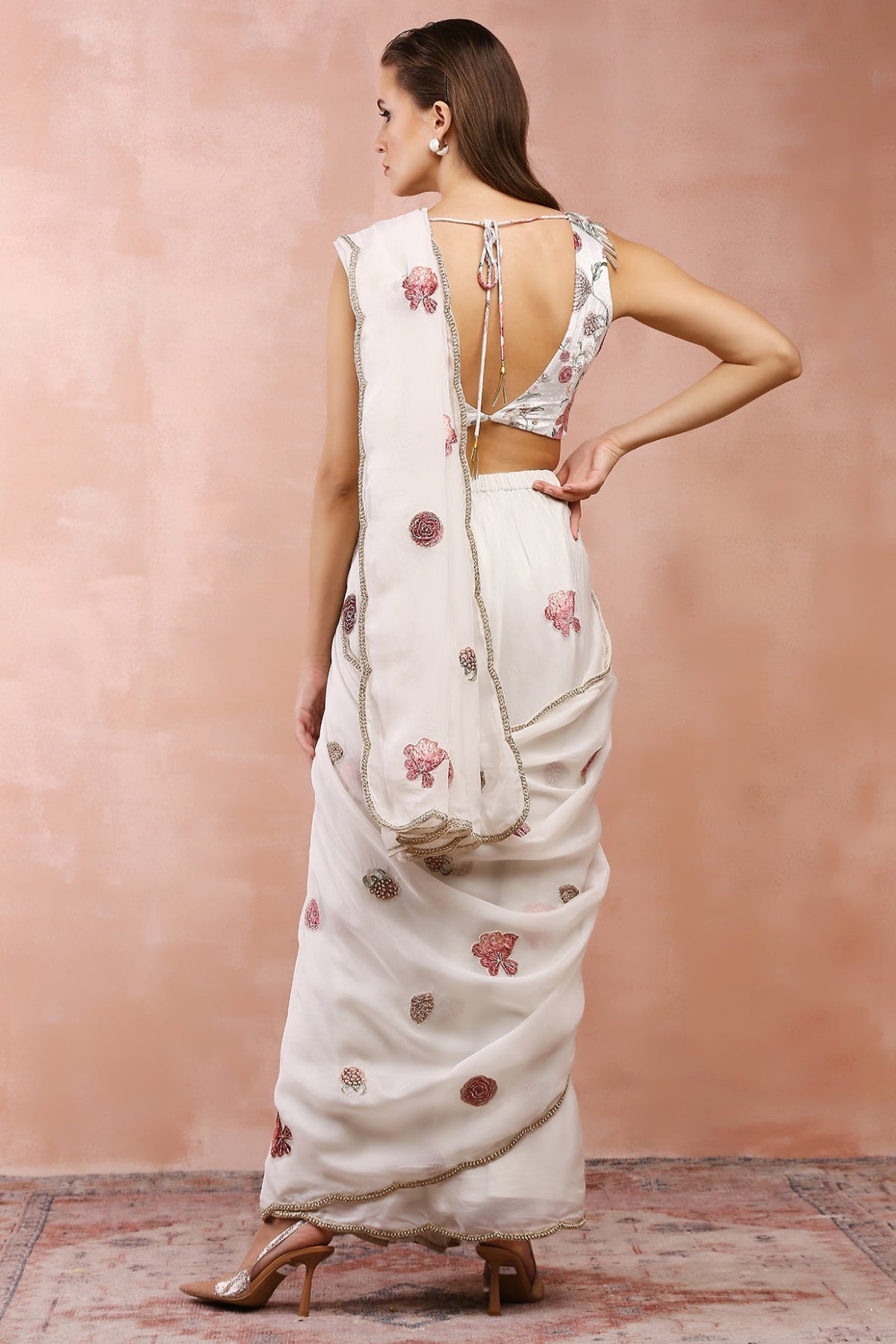 OFF WHITE GULBAGH EMBROIDERED CHOLI WITH PRE-STITCHED SAREE