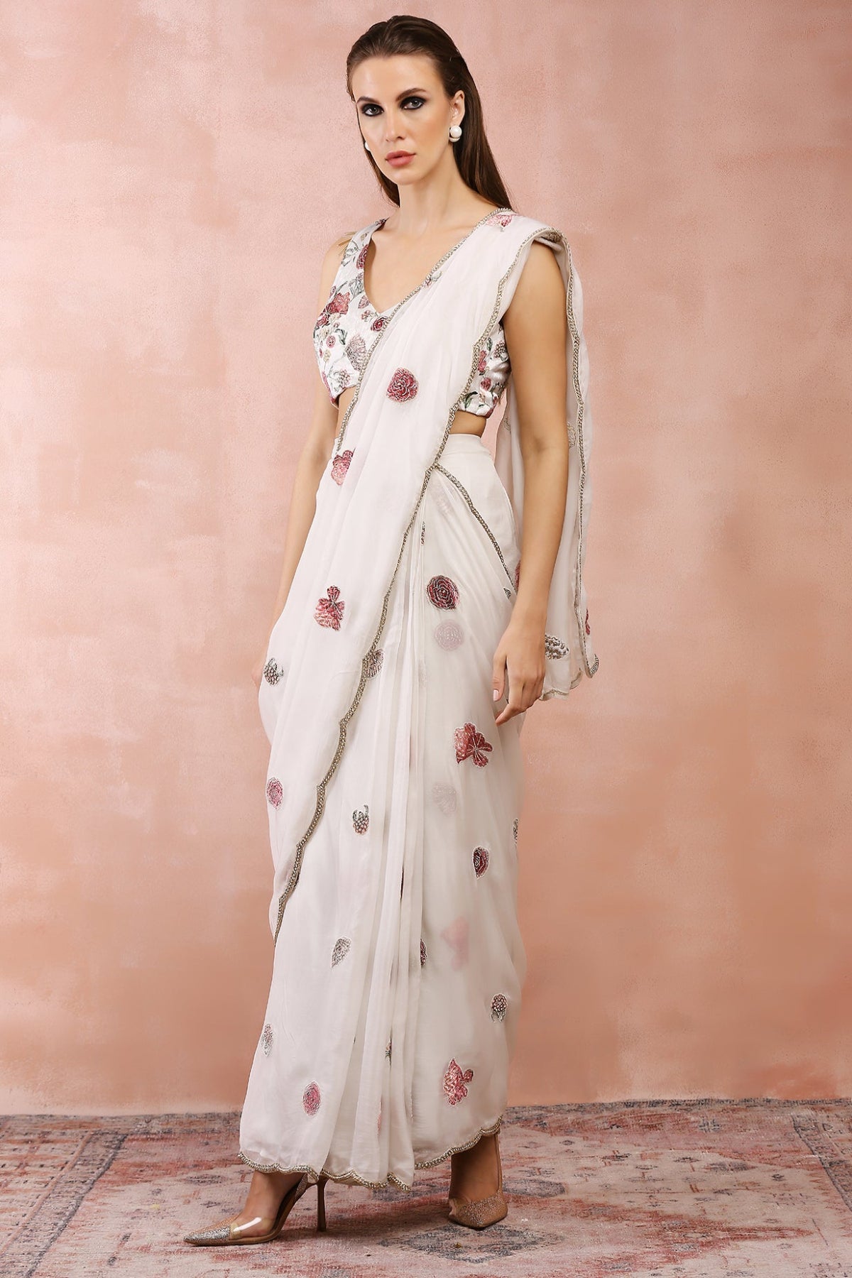OFF WHITE GULBAGH EMBROIDERED CHOLI WITH PRE-STITCHED SAREE
