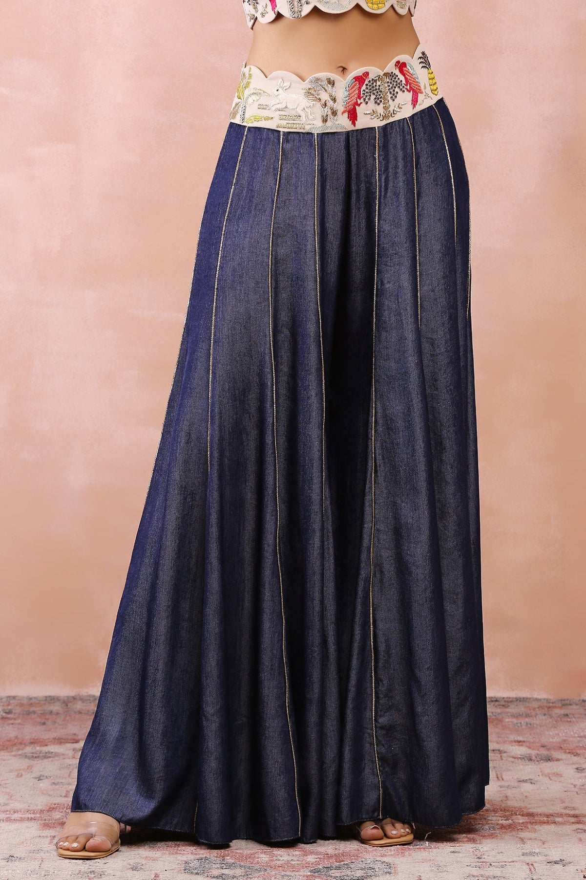 STONE EMBROIDERED JACKET AND BUSTIER WITH DENIM SHARARA