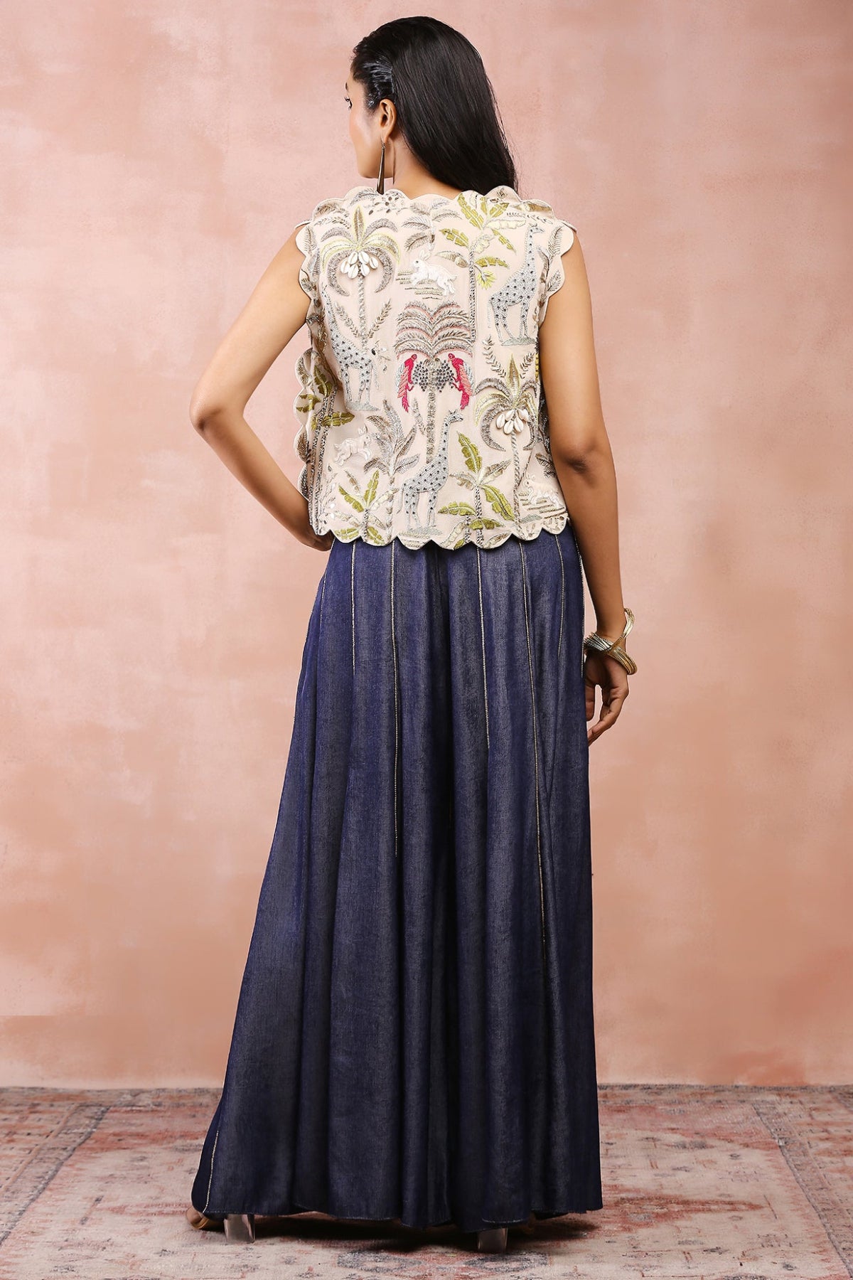 STONE EMBROIDERED JACKET AND BUSTIER WITH DENIM SHARARA