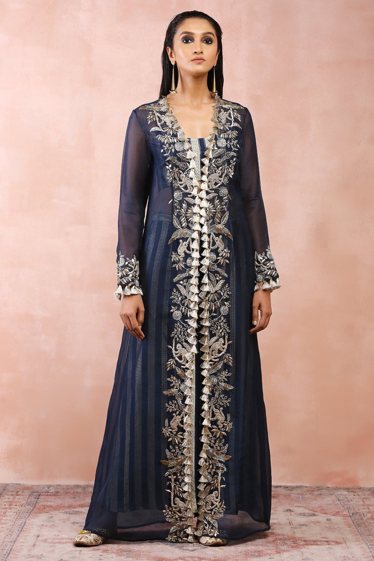 NAVY EMBROIDERED JACKET WITH BUSTIER AND PALLAZO PANT