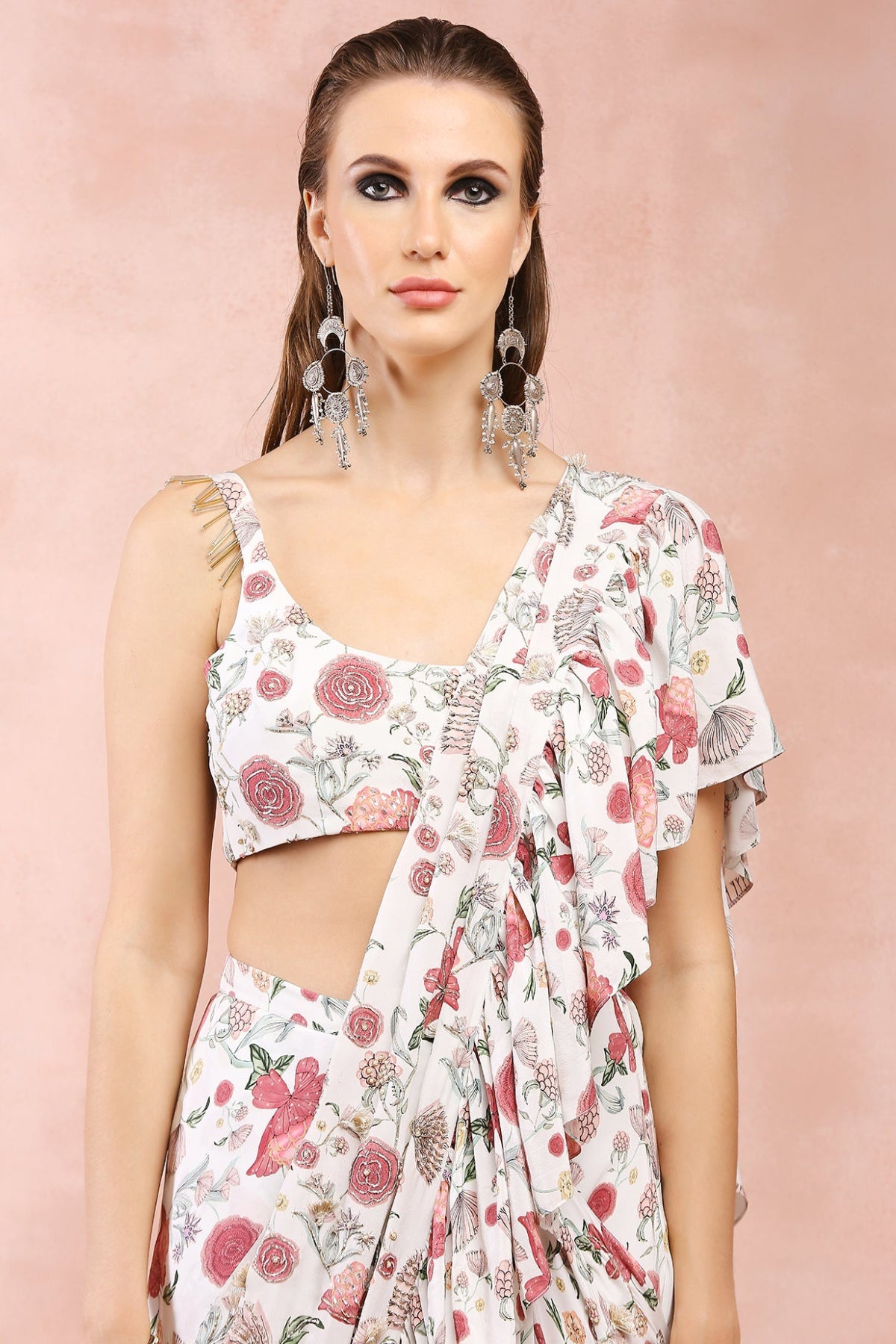 OFF WHITE GULBAGH PRINT EMBROIDERED CHOLI WITH PRE-STITCHED FRILL SAREE