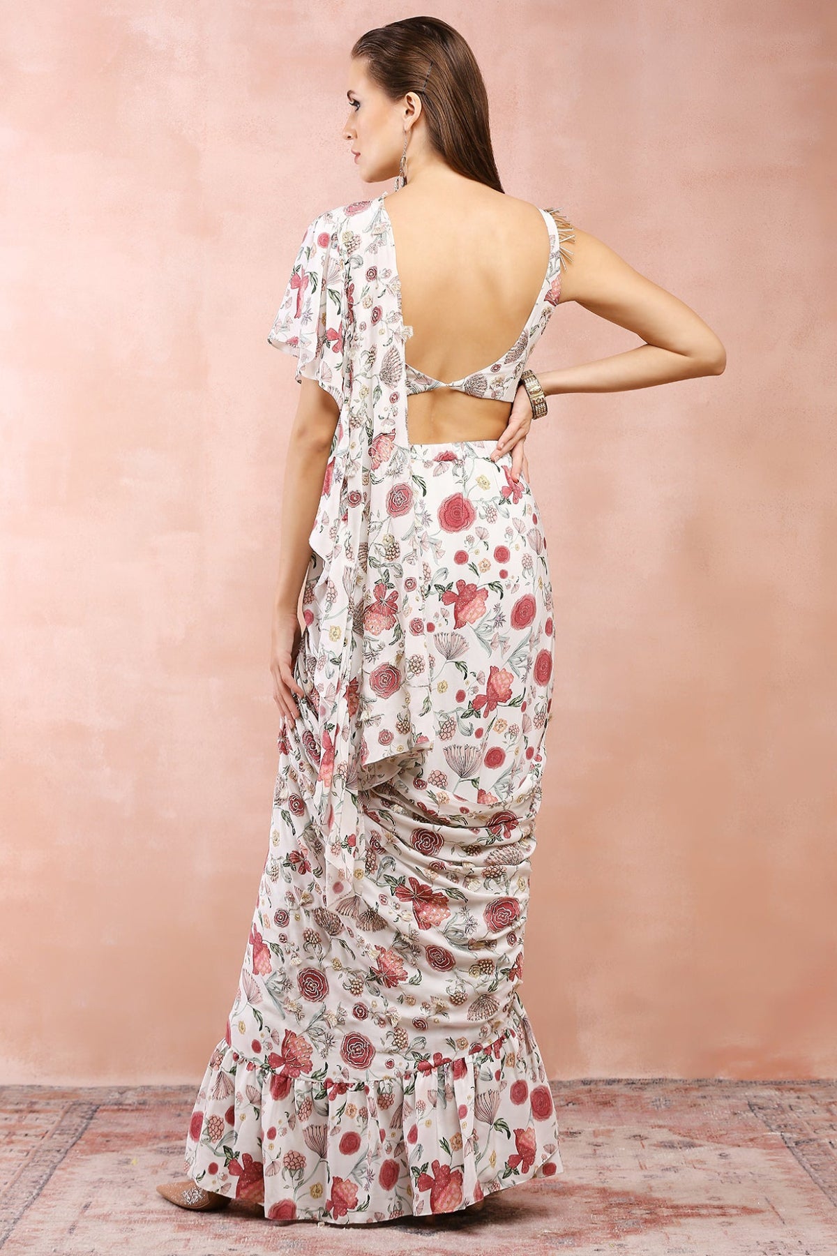 OFF WHITE GULBAGH PRINT EMBROIDERED CHOLI WITH PRE-STITCHED FRILL SAREE