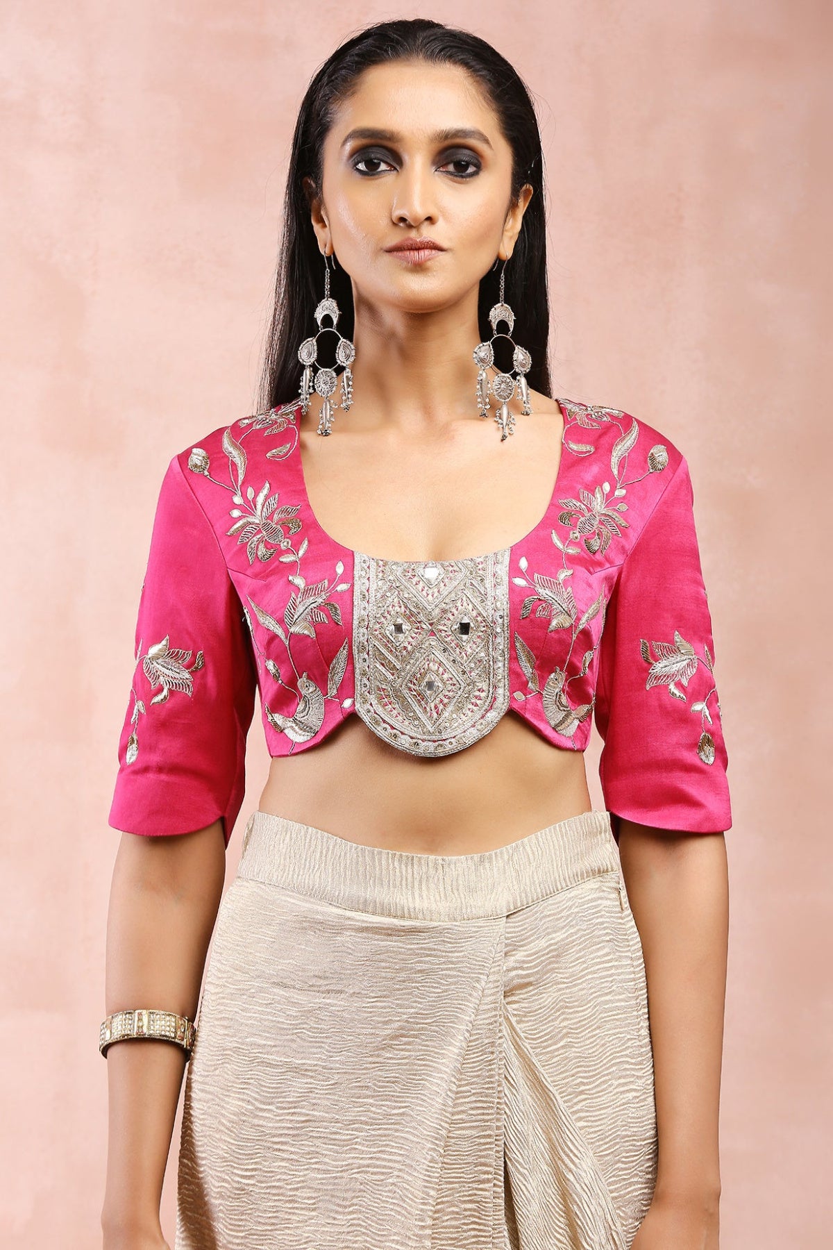 HOT PINK EMBROIDERED CHOLI WITH SILVER SAREE