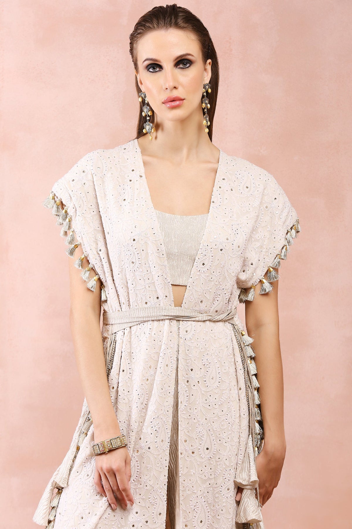 CREAM JACKET WITH CRUSHED TISSUE BUSTIER AND PANT
