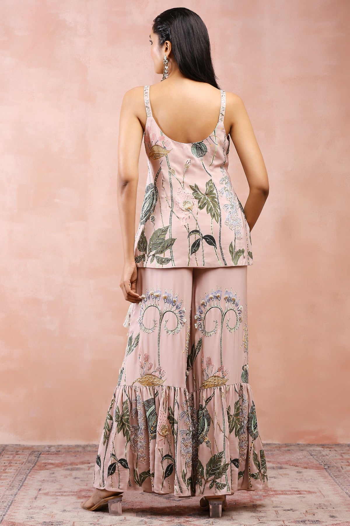ROSE PINK NILOUFAR PRINT EMBROIDERED KURTA WITH SHARARA AND DUPATTA