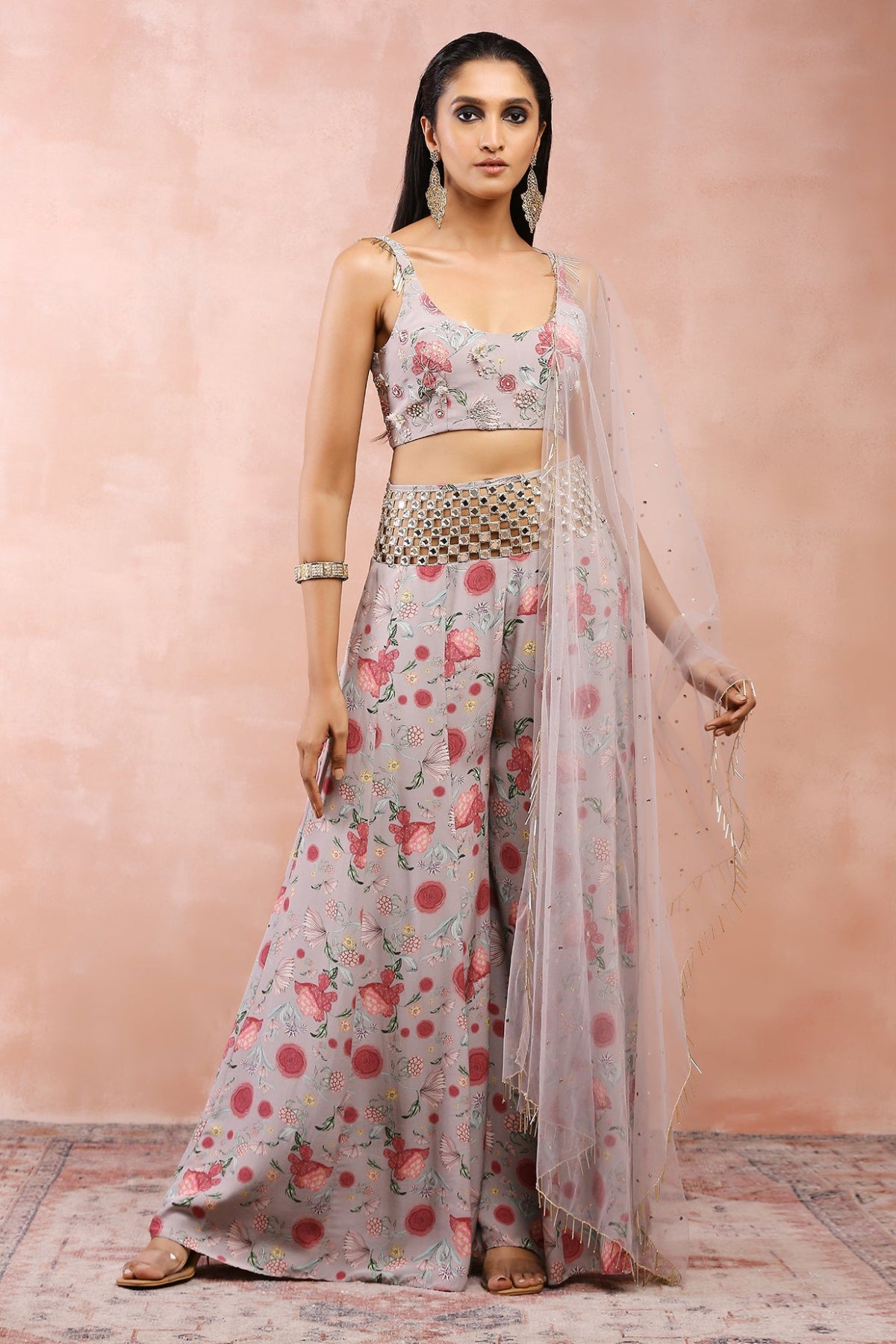 GREY GULBAGH PRINT EMBROIDERED CHOLI WITH SHARARA AND DUPATTA