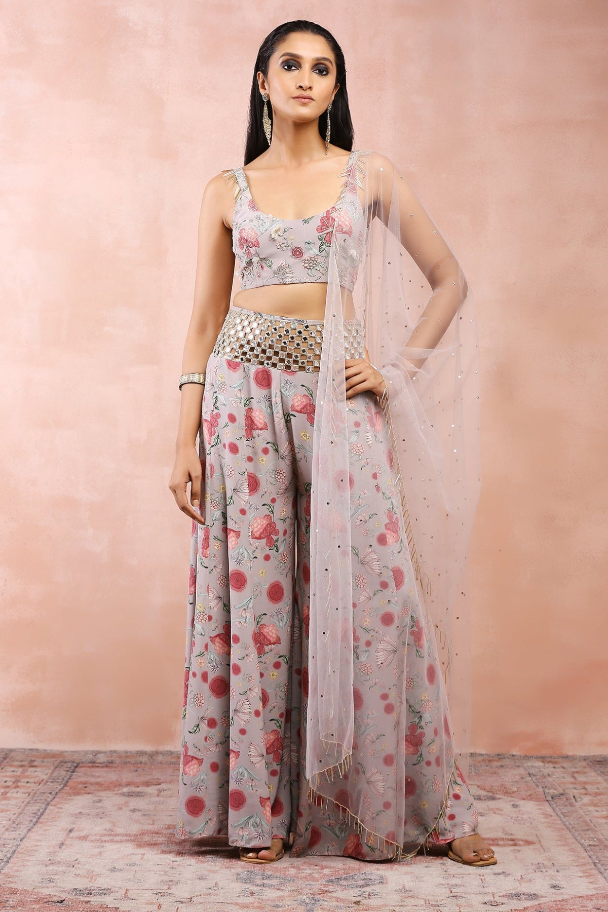 GREY GULBAGH PRINT EMBROIDERED CHOLI WITH SHARARA AND DUPATTA