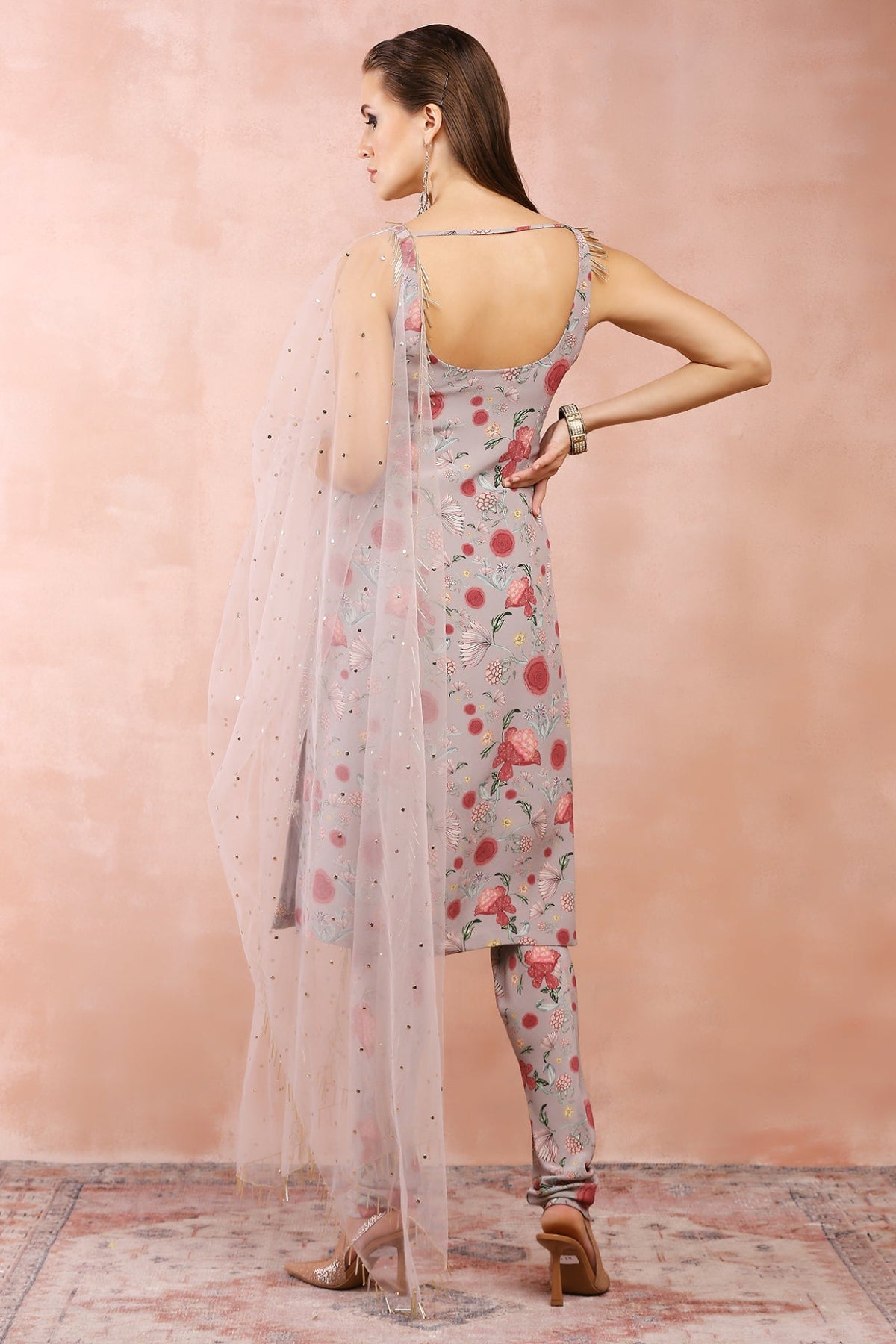 GREY GULBAGH PRINT EMBROIDERED KURTA AND CHURIDAR WITH DUPATTA