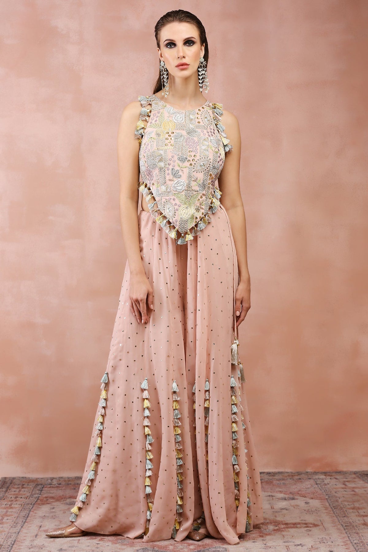 ROSE PINK APPLIQUE EMBROIDERED CHOLI WITH SHARARA