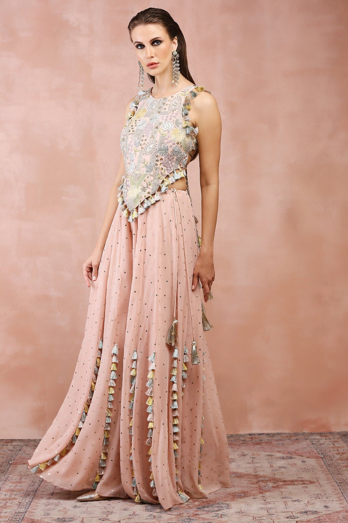 ROSE PINK APPLIQUE EMBROIDERED CHOLI WITH SHARARA