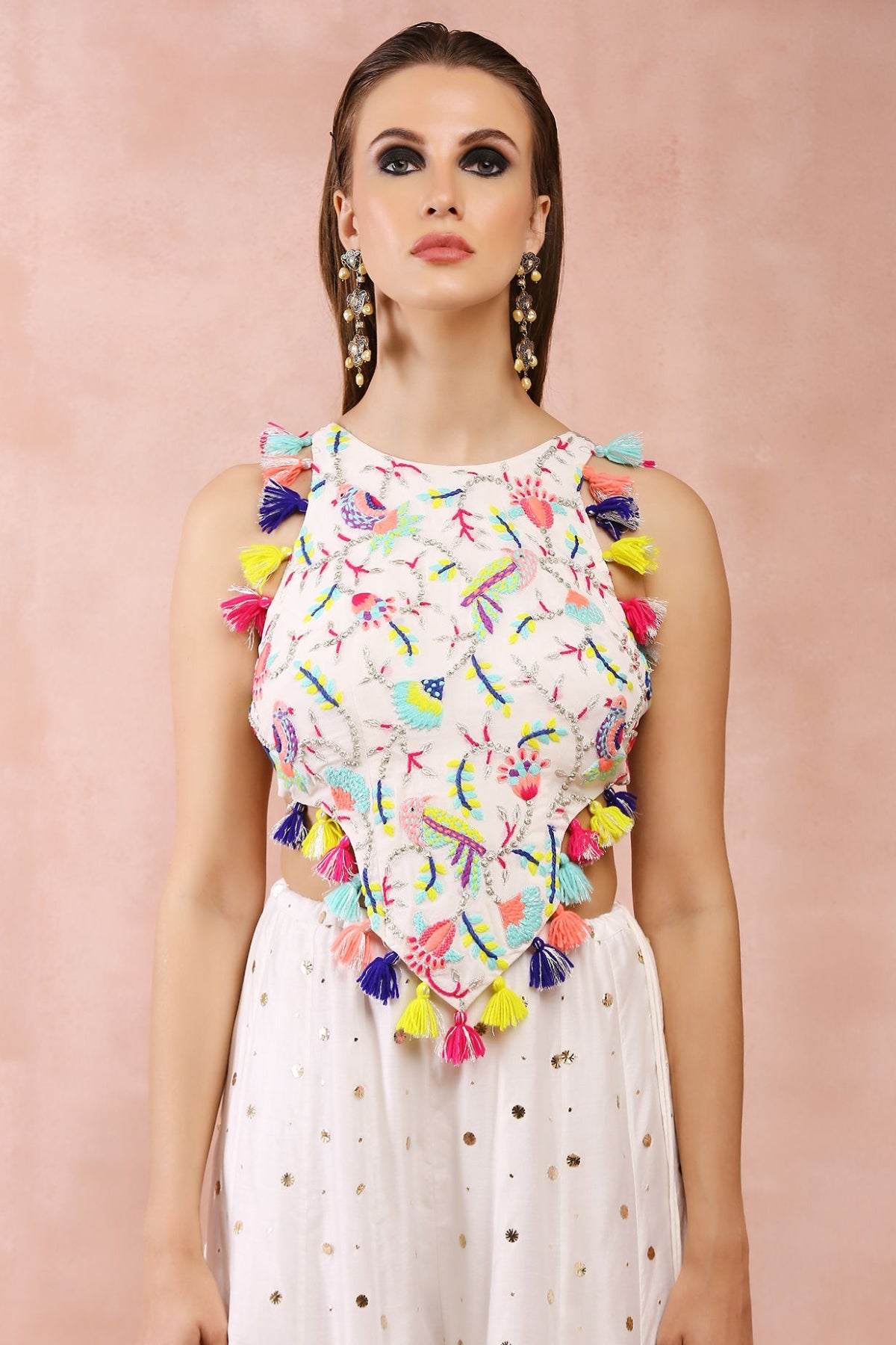 OFF WHITE EMBROIDERED CHOLI WITH SHARARA
