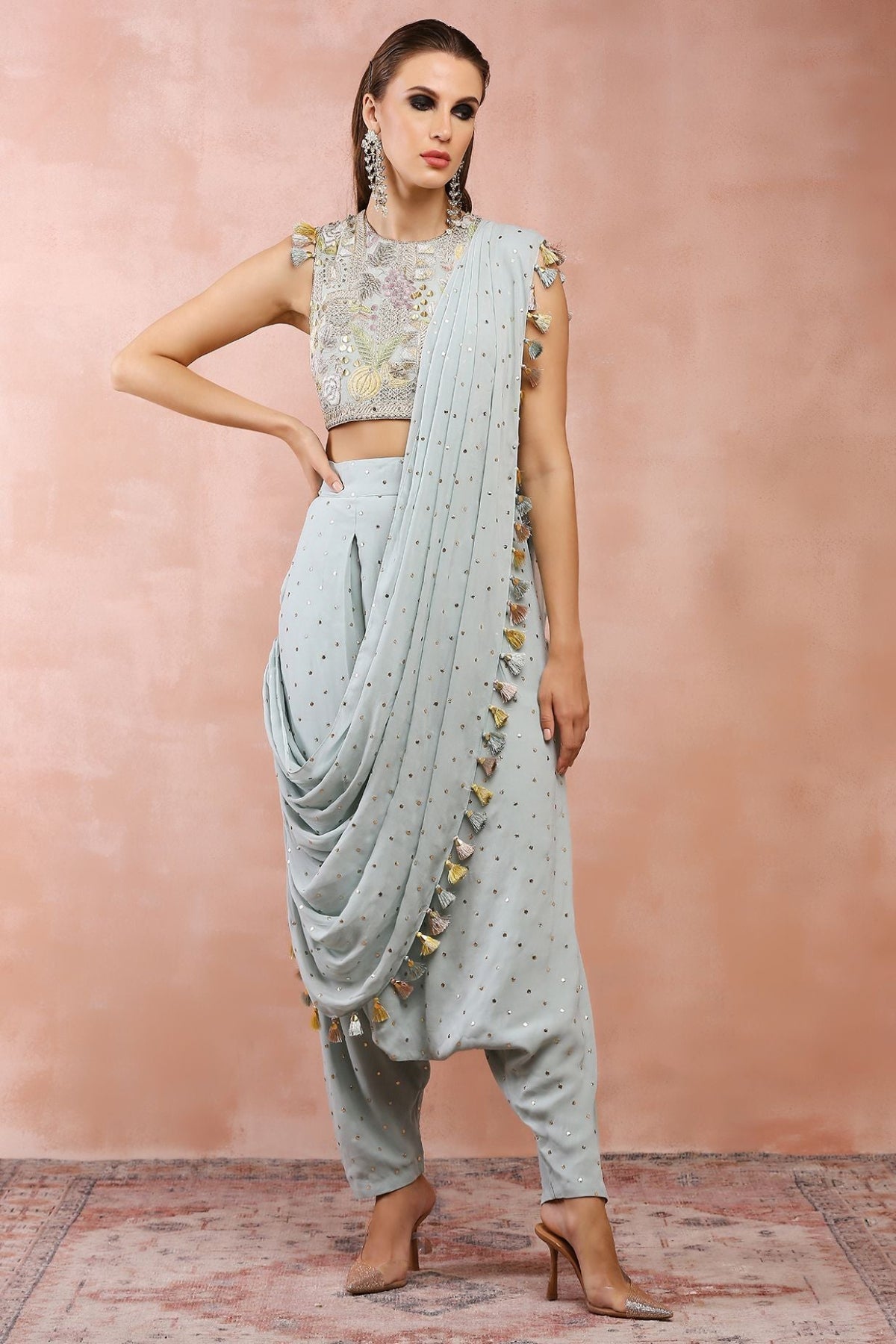 POWDER BLUE APPLIQUE EMBROIDERED CHOLI AND LOW CROTCH PANT WITH ATTACHED DRAPE