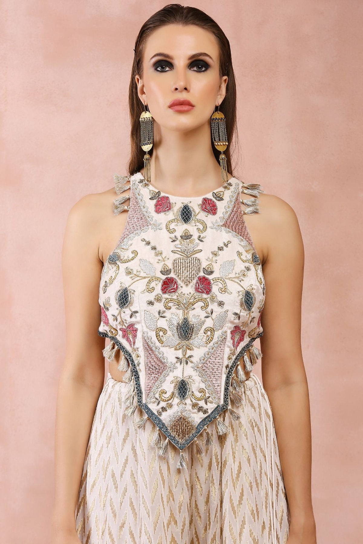 OFF WHITE APPLIQUE EMBROIDERED CHOLI WITH SHARARA
