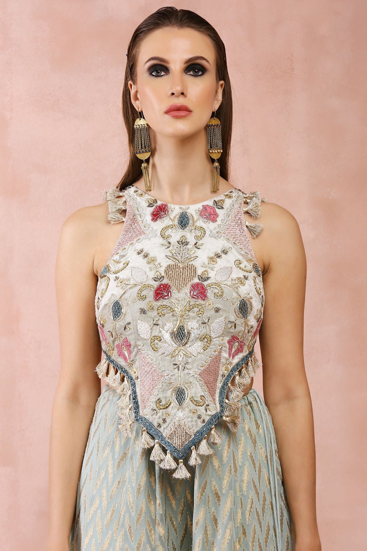 POWDER BLUE APPLIQUE EMBROIDERED CHOLI WITH SHARARA