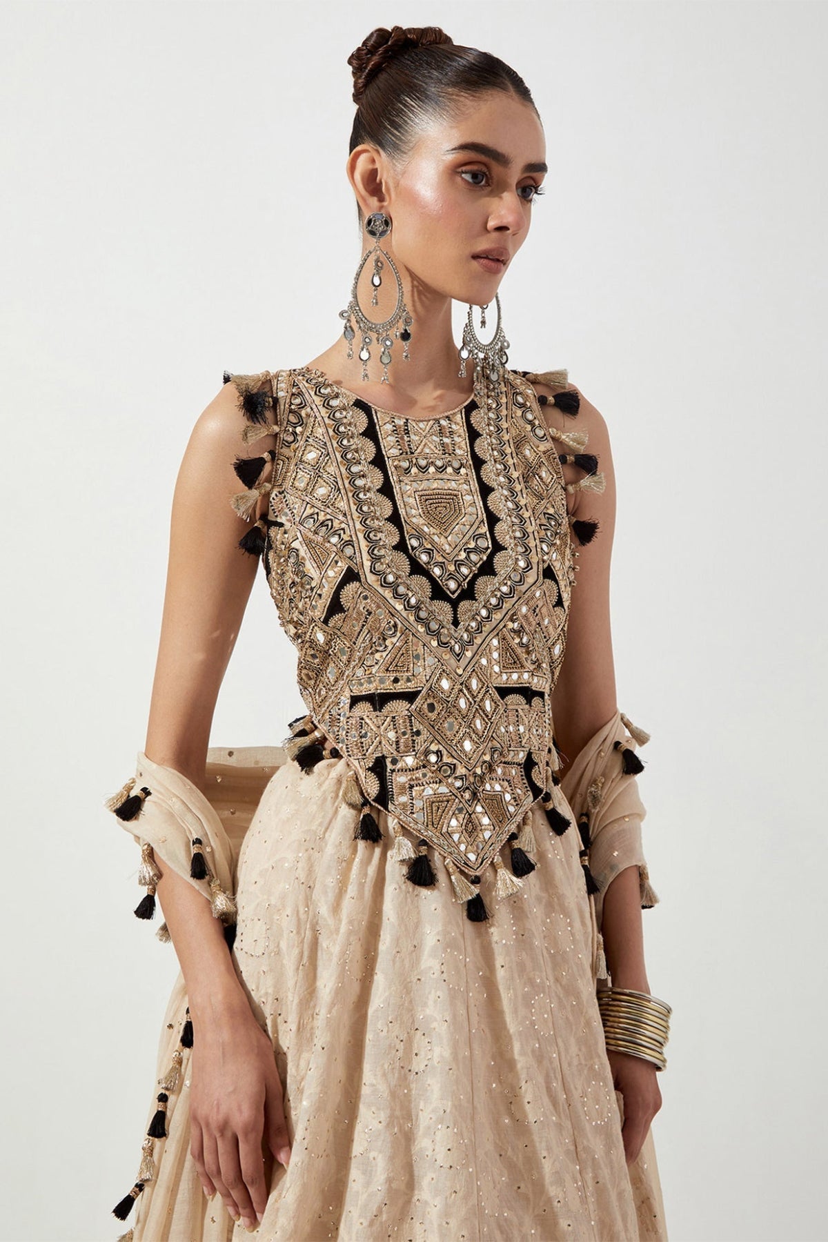 STONE EMBROIDERED CHOLI AND LEHENGA WITH MUKAISH MUL DUPATTA