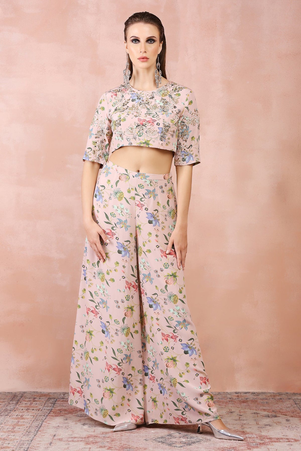 ROSE PINK NARGIS PRINT EMBROIDERED TOP WITH PALAZZO