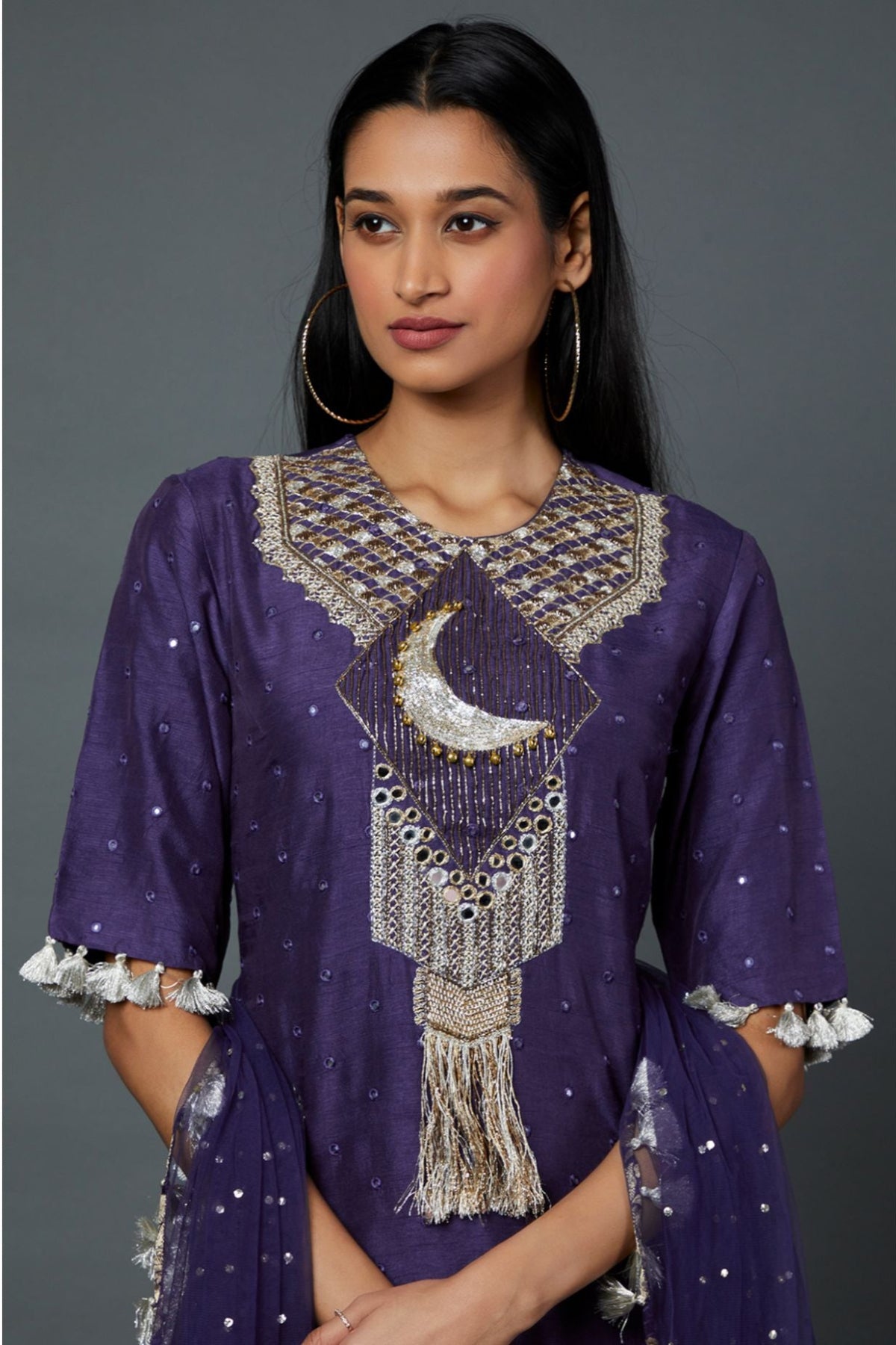 NAVY ABLA SILK EMBROIDERED KURTA AND NAVY BROCADE SHARARA WITH MUKAISH NET DUPATTA