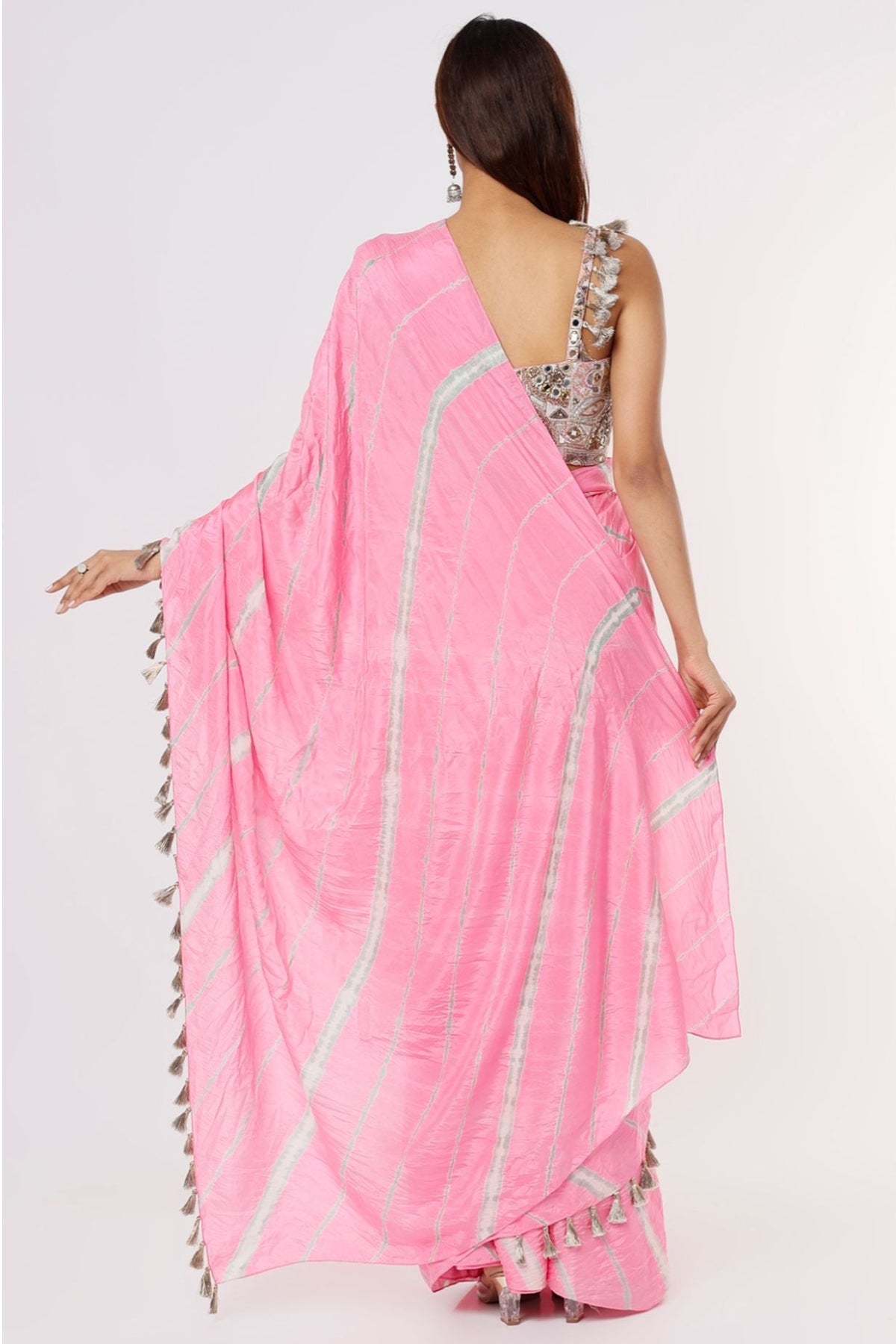 PINK GEORGETTE EMBROIDERED CHOLI WITH PINK LEHERIYA BANDHANI SILK PRE-STICHED SAREE