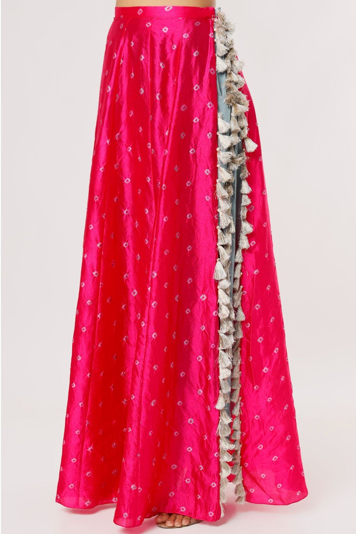 HOT PINK GEORGETTE EMBROIDERED CHOLI AND PERIWINKLE BLUE CREPE LOW CROTCH PANT WITH ATTACHED PINK BANDHANI SILK SKIRT