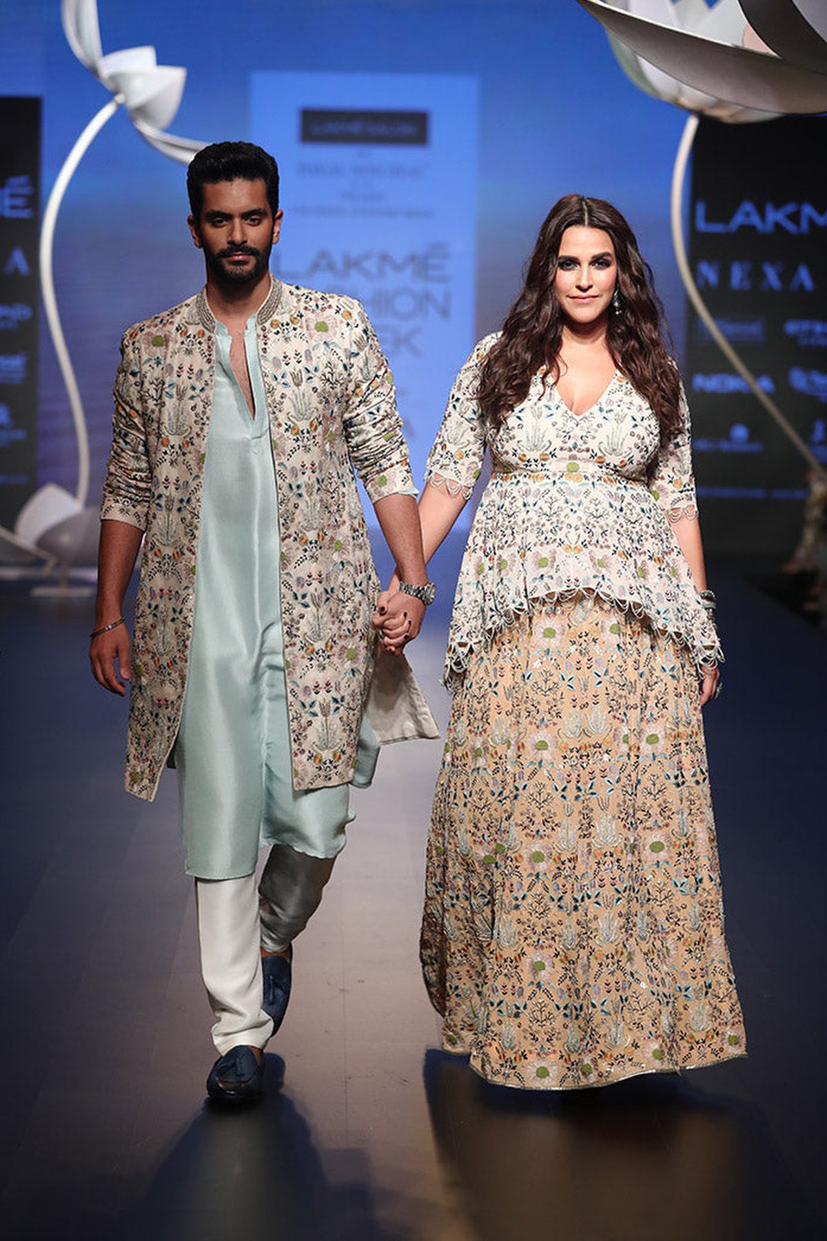 Neha Dupia and TAHIR in ICE BLUE SILK KURTA WITH OFF WHITE SILK PANT AND STONE ORGANZA JACKET