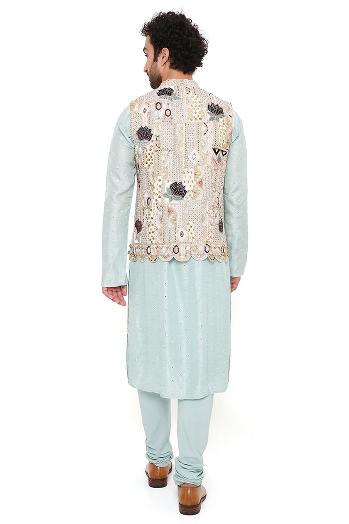 KIAAN OFF WHITE GEORGETTE EMBROIDERED BANDI WITH AQUA ABLA SILK KURTA AND OFF WHITE COTTON SILK CHURIDAR