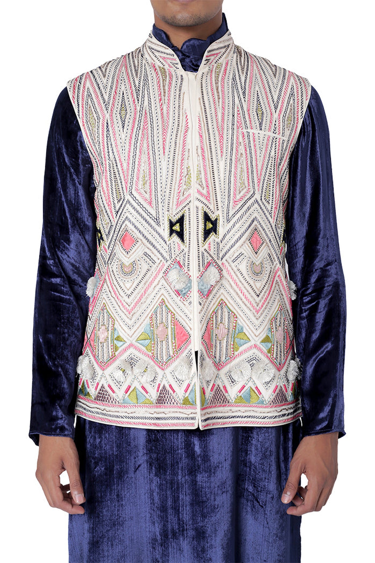 CHALK WHITE COLOUR GEORGETTE BANDI WITH NAVY COLOUR VELVET KURTA AND JOGGER PANT