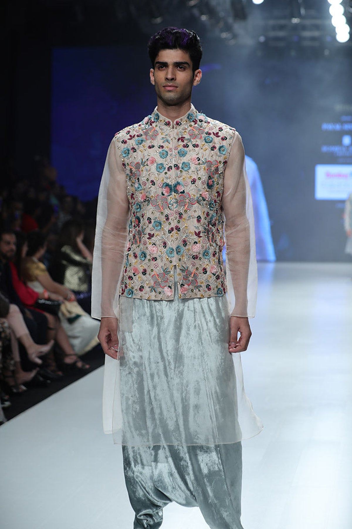 AYAN STONE ORGANZA BANDI WITH KURTA AND PERIWINKLE BLUE VELVET LOW CROTCH PANT
