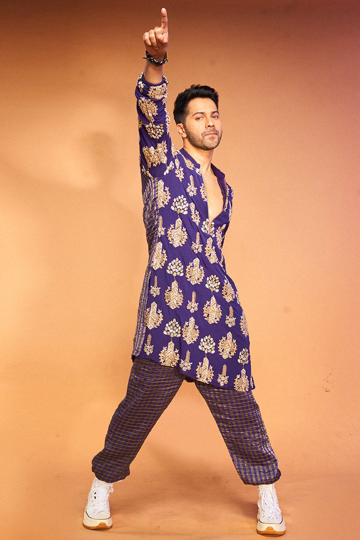 Varun Dhawan in PURPLE COLOUR EMBROIDERED STRIPE KURTA WITH STRIPE JOGGER PANTS