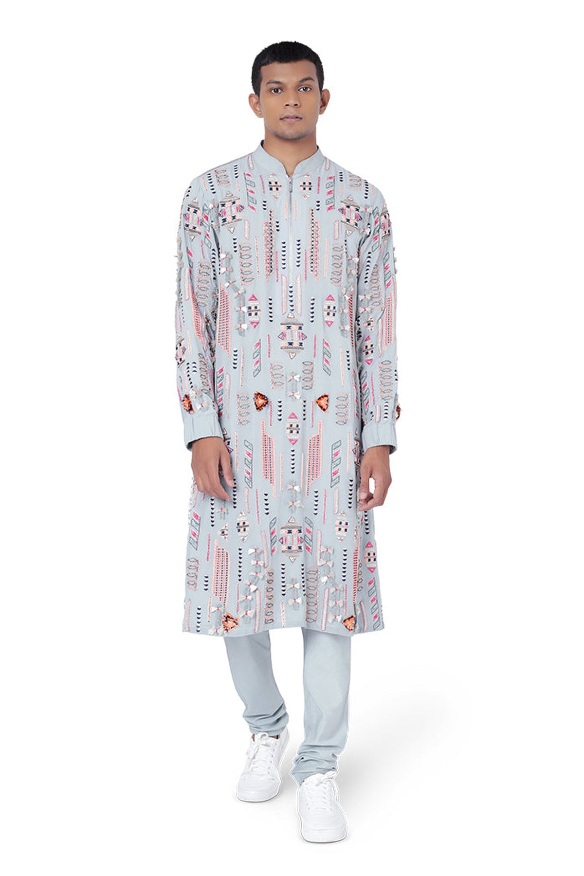 PALE BLUE COLOUR GEORGETTE AND CHANDERI STRIPE KURTA WITH COTTON SILK CHURIDAR
