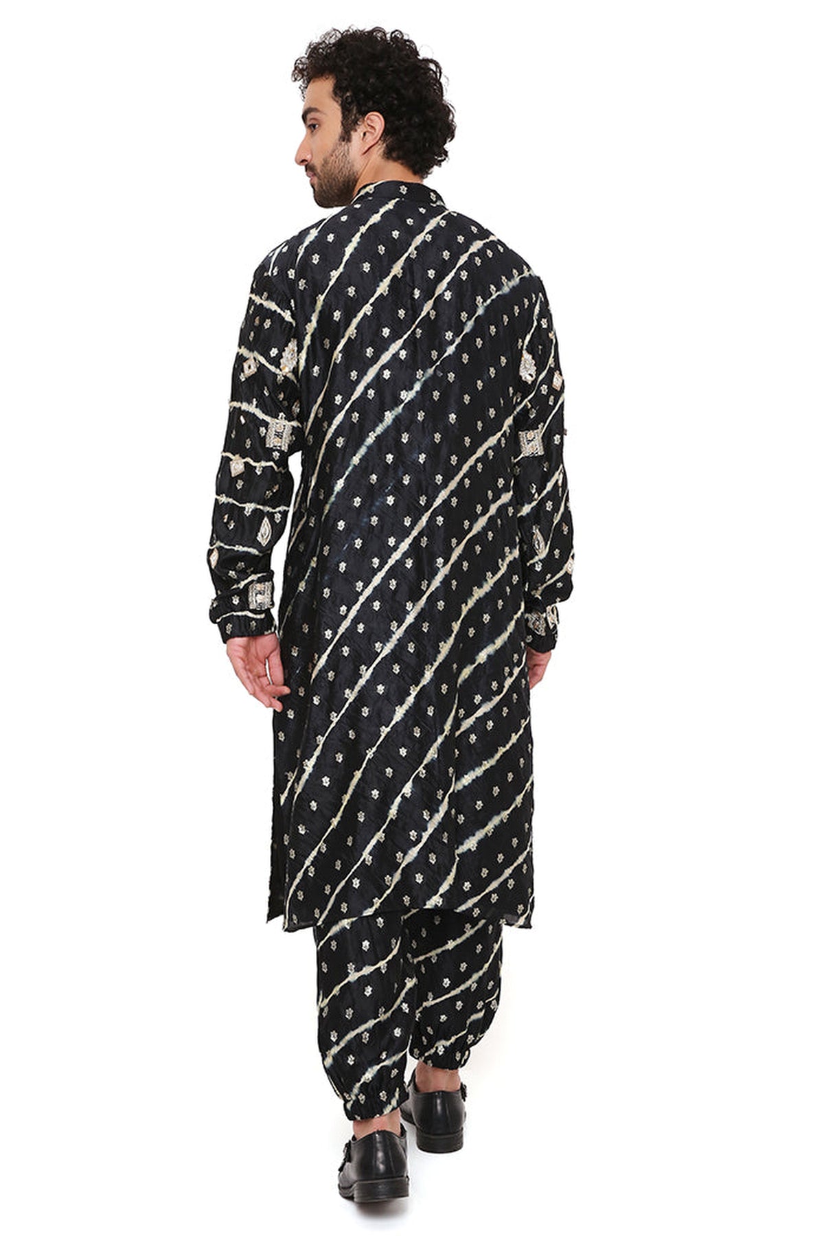 BLACK LEHERIYA BANDHANI SILK EMBROIDERED BOMBER KURTA WITH JOGGER PANT