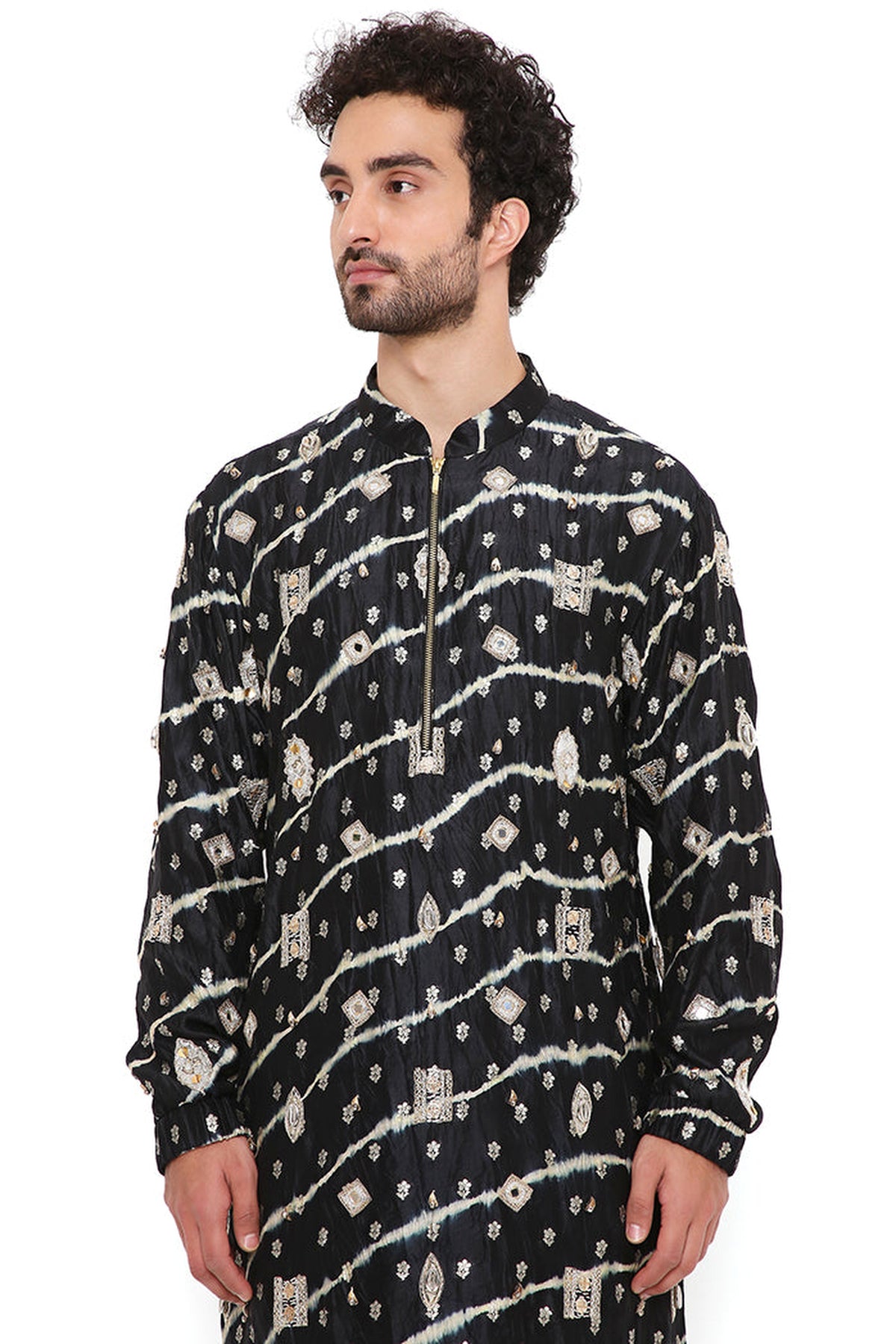 BLACK LEHERIYA BANDHANI SILK EMBROIDERED BOMBER KURTA WITH JOGGER PANT