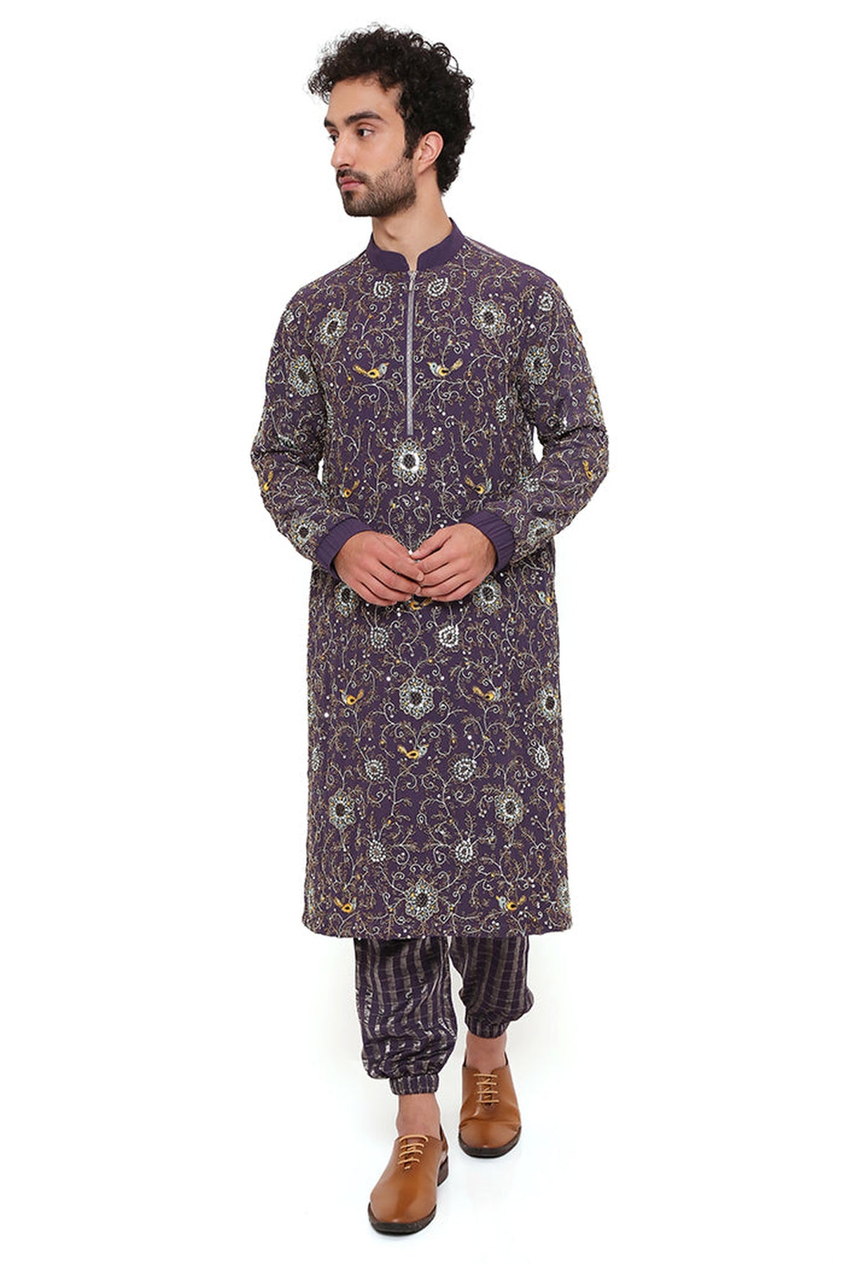 PURPLE GEORGETTE AND CHANDERI STRIPE FRONT EMBROIDERED BOMBER KURTA WITH CHANDERI STRIPE JOGGER PANT