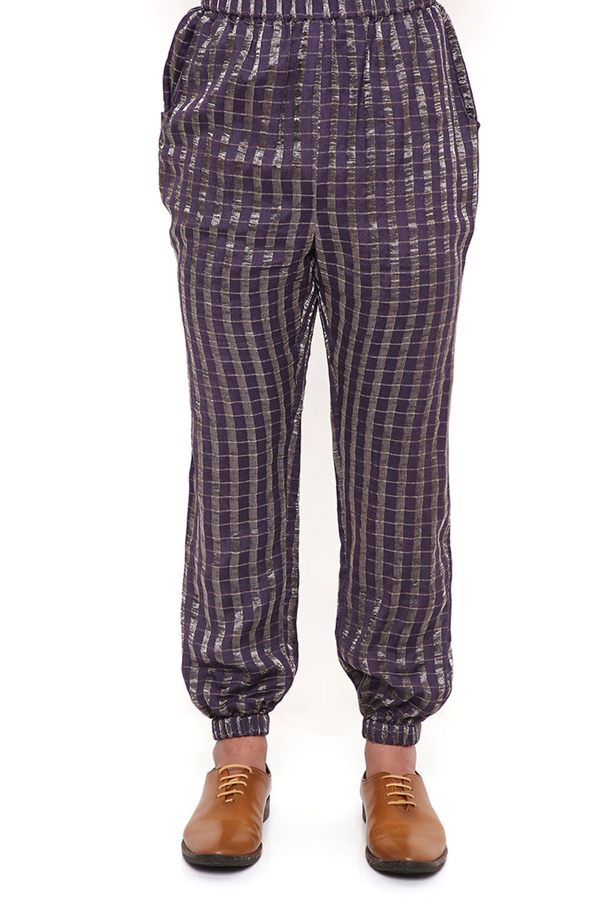 PURPLE GEORGETTE AND CHANDERI STRIPE FRONT EMBROIDERED BOMBER KURTA WITH CHANDERI STRIPE JOGGER PANT