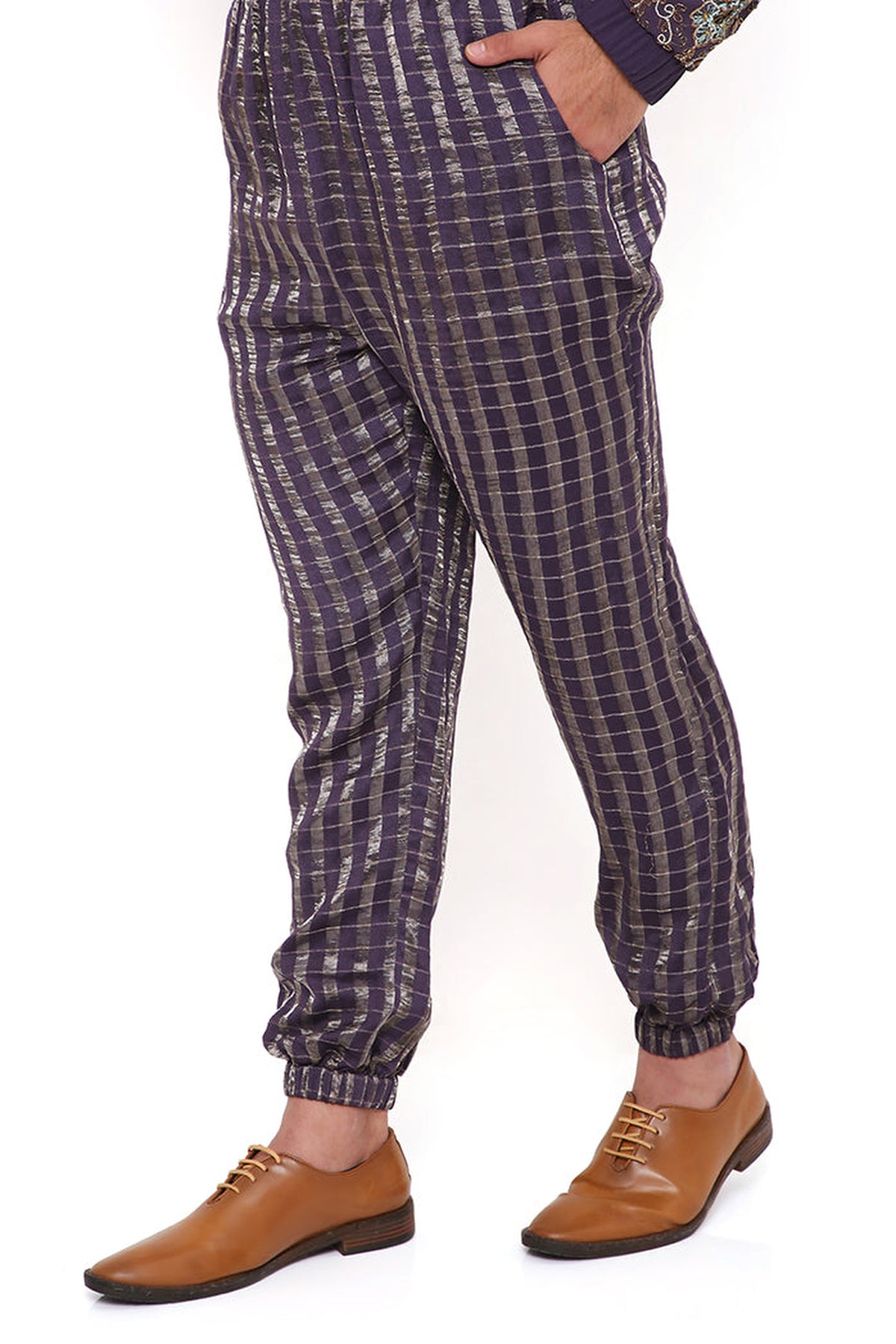 PURPLE GEORGETTE AND CHANDERI STRIPE FRONT EMBROIDERED BOMBER KURTA WITH CHANDERI STRIPE JOGGER PANT