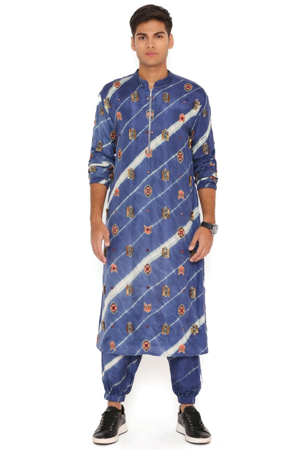 NAVY LEHRIYA BANDHANI SILK EMBROIDERED BOMBER KURTA AND JOGGER PANT