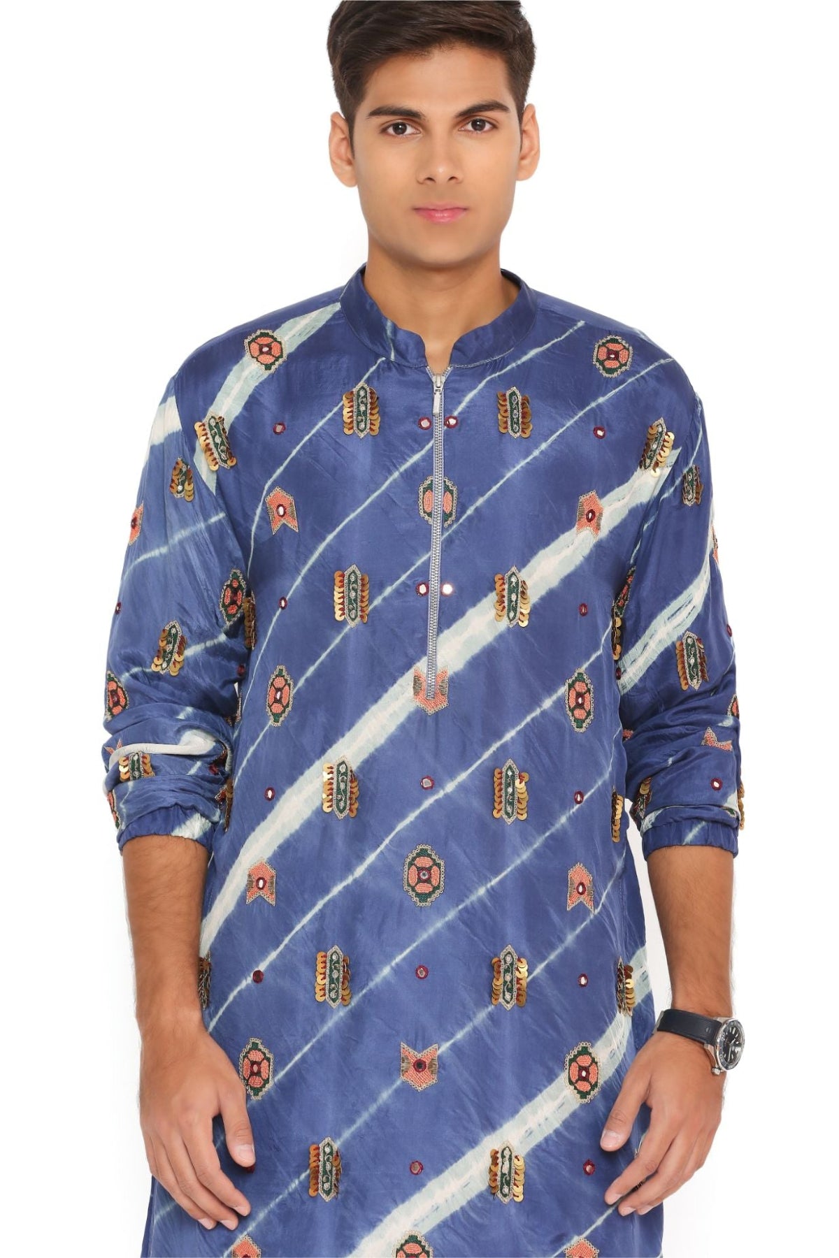 NAVY LEHRIYA BANDHANI SILK EMBROIDERED BOMBER KURTA AND JOGGER PANT