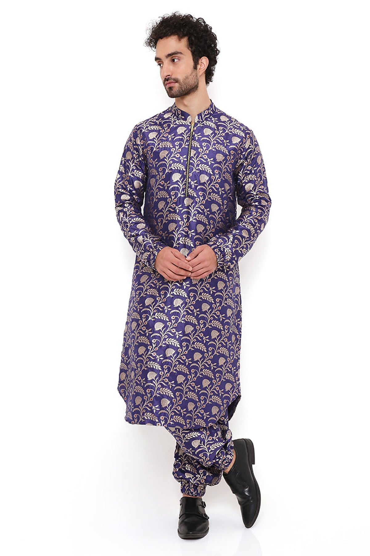 NAVY SILK BROCADE BOMBER KURTA WITH JOGGER PANT