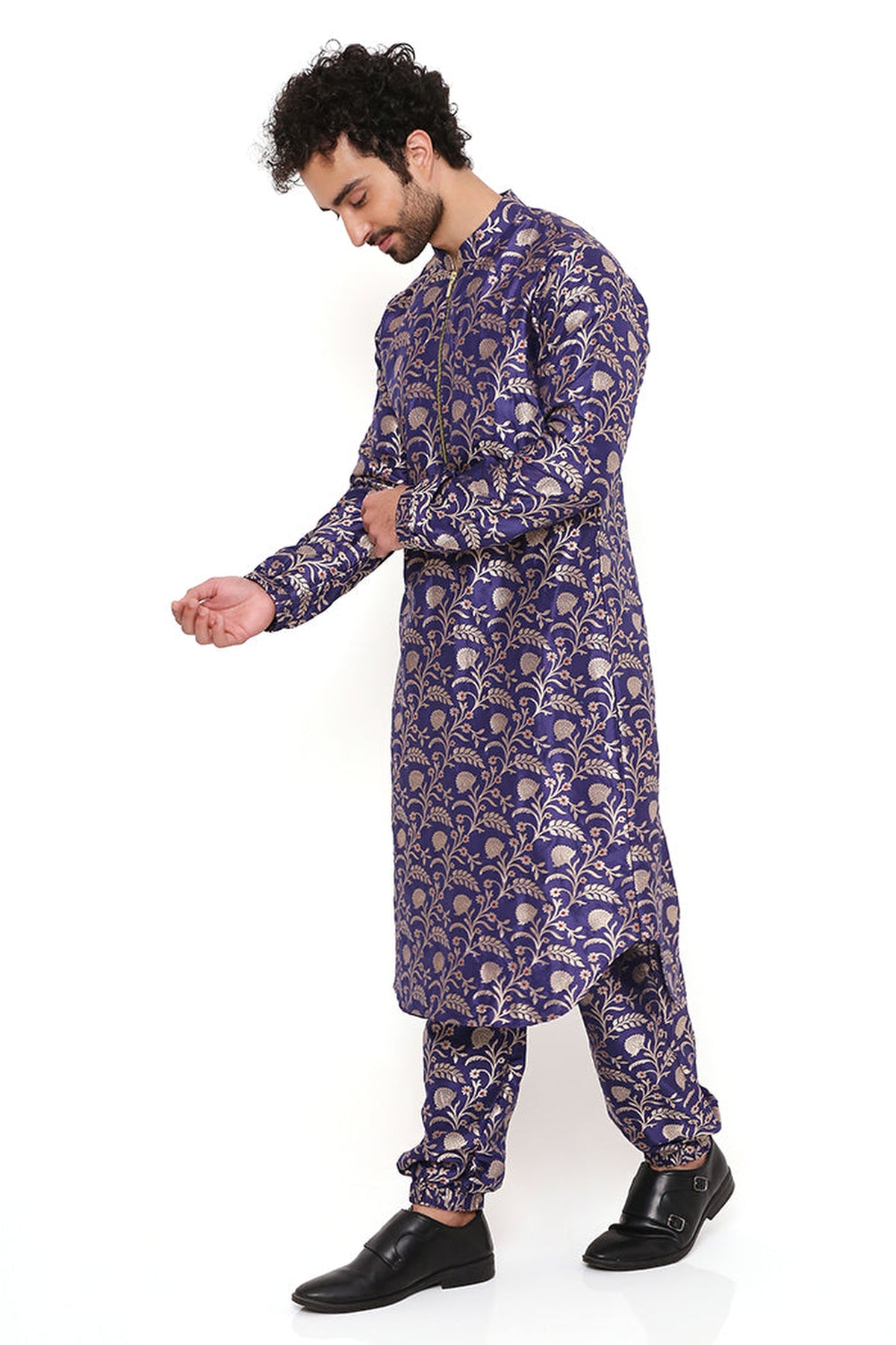NAVY SILK BROCADE BOMBER KURTA WITH JOGGER PANT
