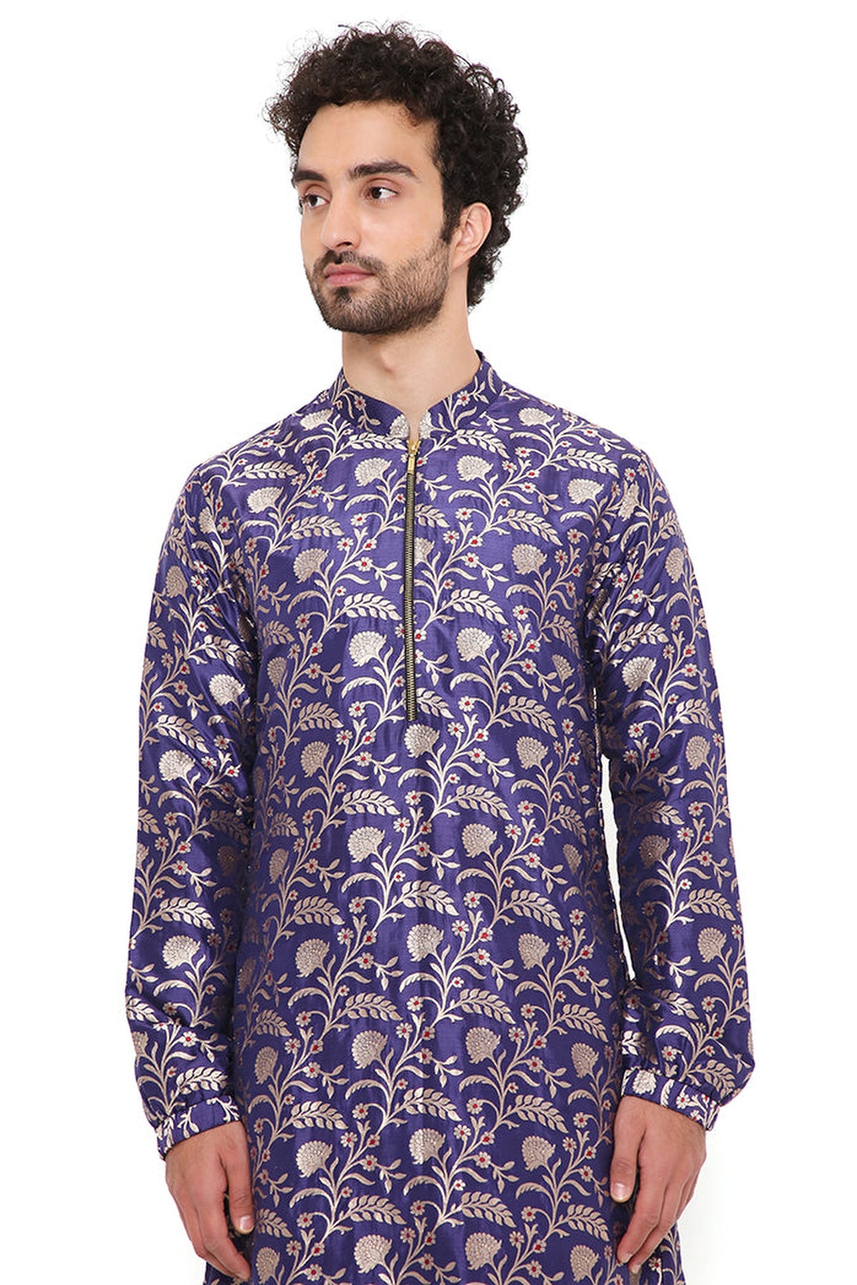 NAVY SILK BROCADE BOMBER KURTA WITH JOGGER PANT