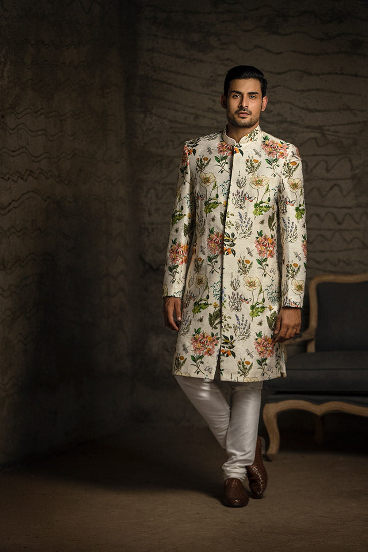 IVORY PRINTED DUPION SILK SHERWANI WITH OFF WHITE COTTON SILK CHURIDAR