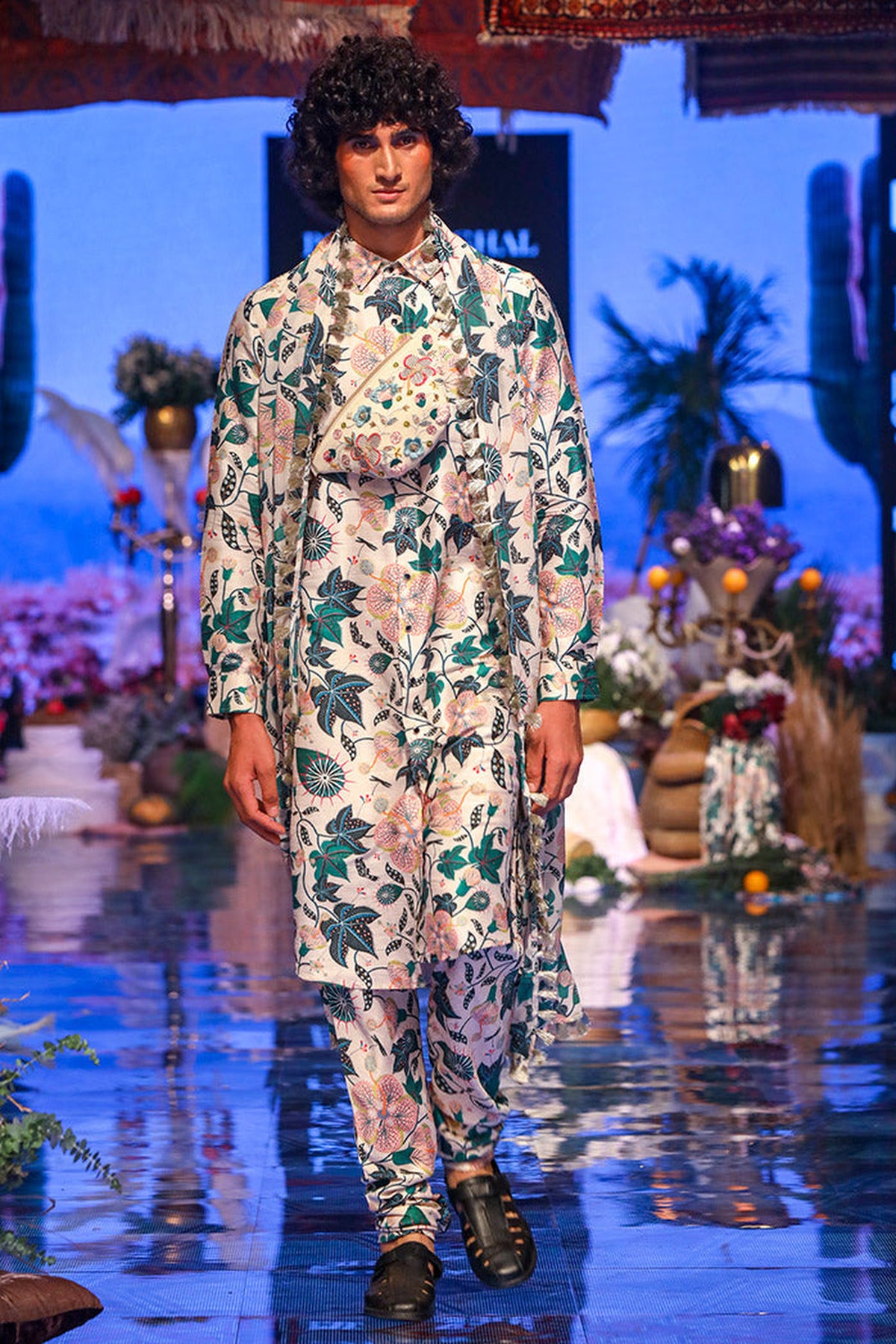 MAHIR WHITED PRINTED DUPION SILK KURTA AND CHURIDAR WITH GEORGETTE DUPATTA