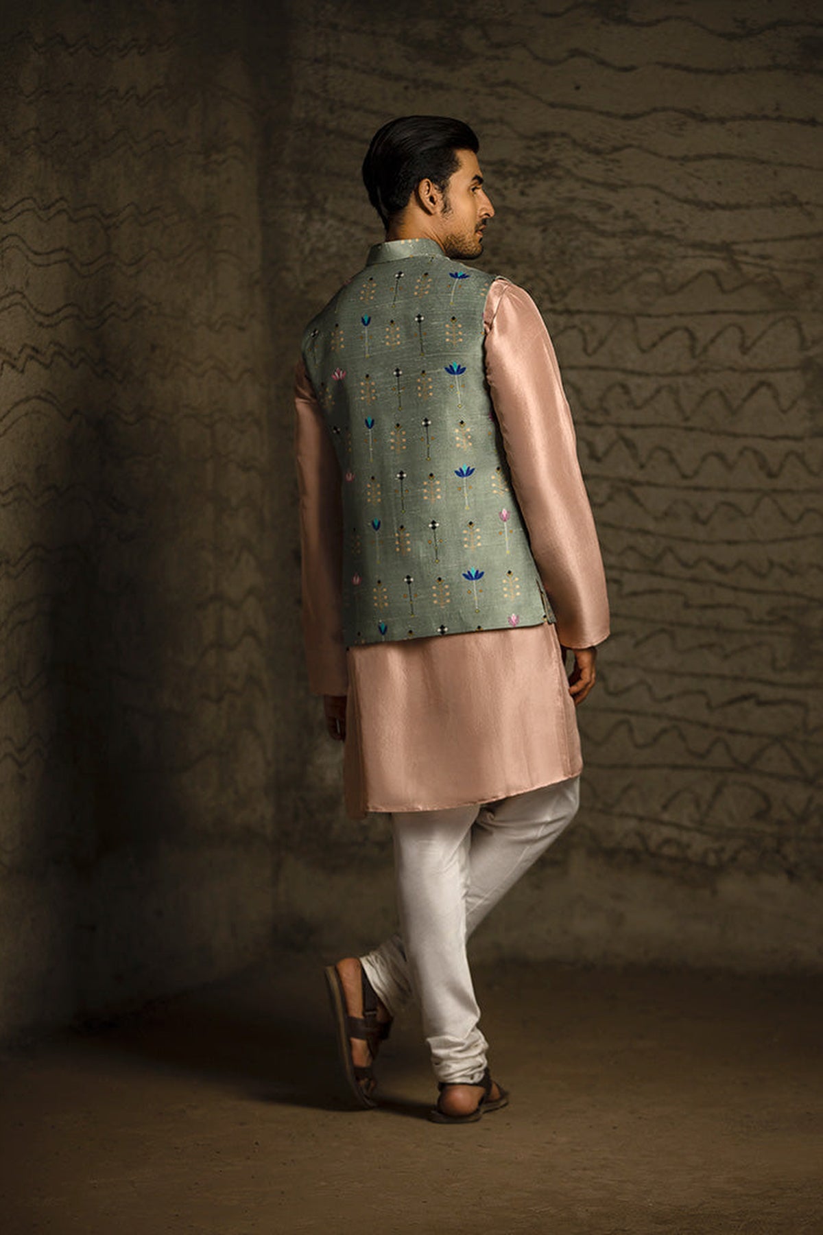 MINT PRINTED DUPION SILK BANDI WITH ROSE PINK SILK KURTA AND OFF WHITE COTTON SILK CHURIDAR