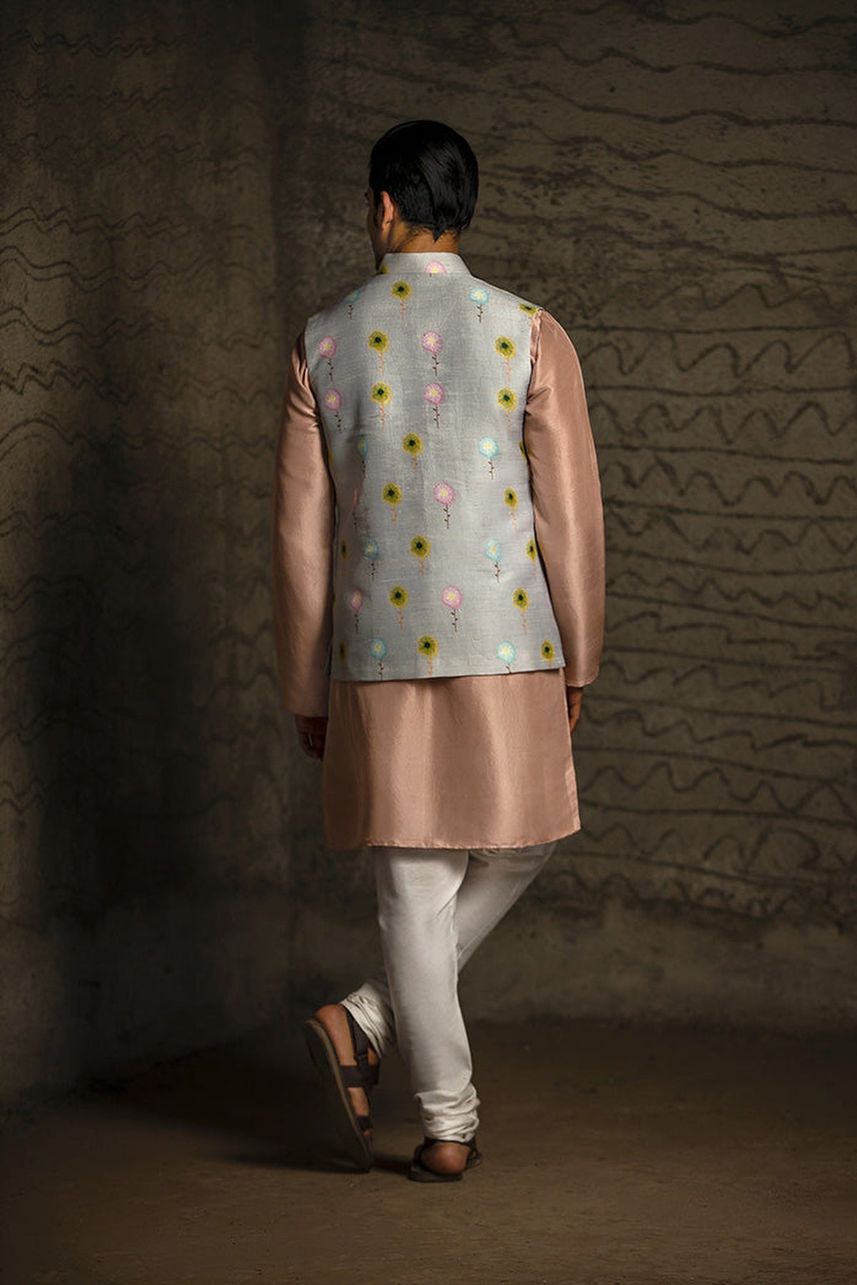 GREY PRINTED DUPION SILK BANDI WITH ROSE PINK SILK KURTA AND OFF WHITE COTTON SILK CHURIDA