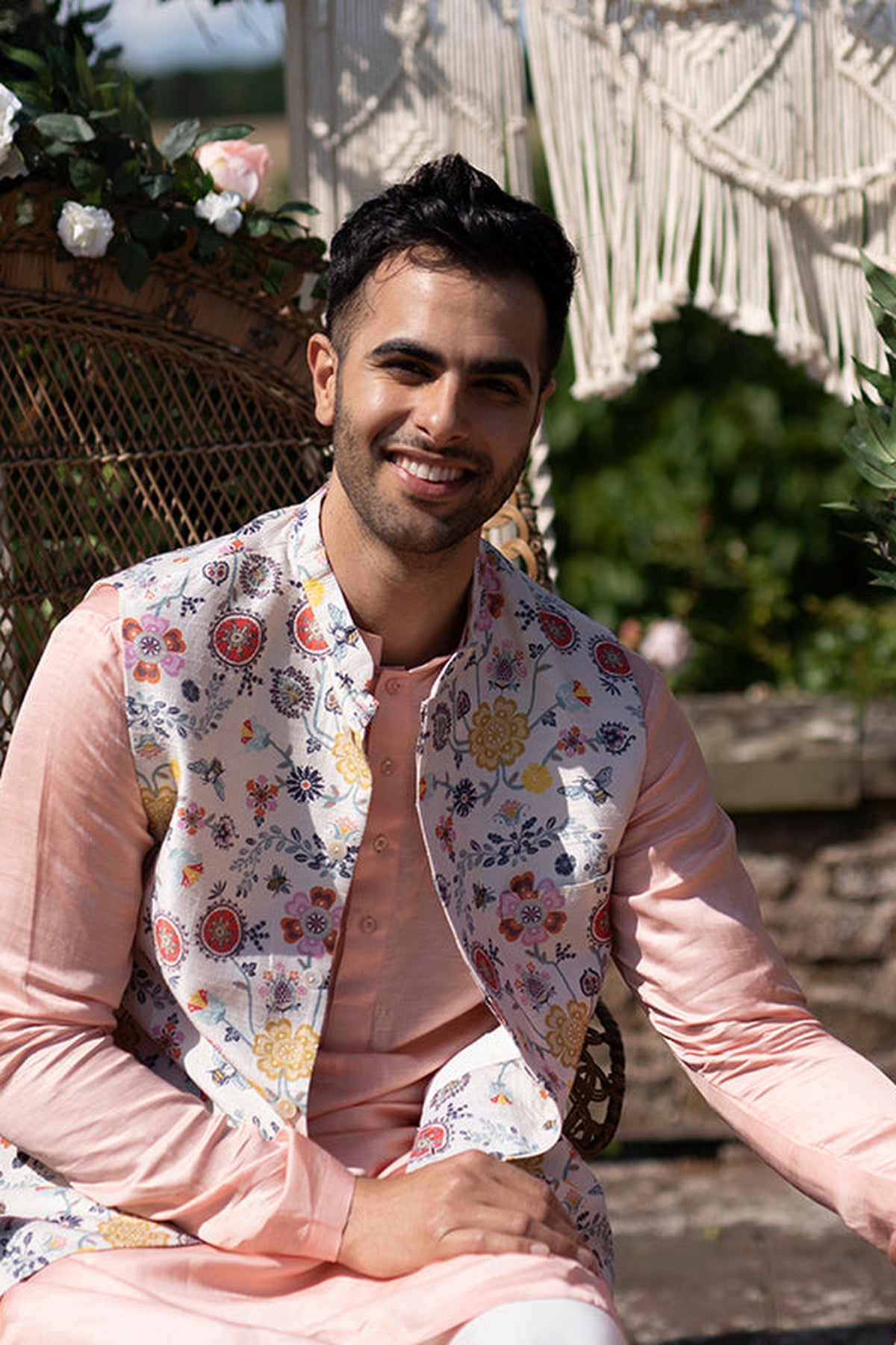 TAISH COLLECTION - CREAM COLOUR PRINTED DUPION SILK BANDI WITH ROSE PINK SILK KURTA AND OFF WHITE COTTON SILK CHURIDAR