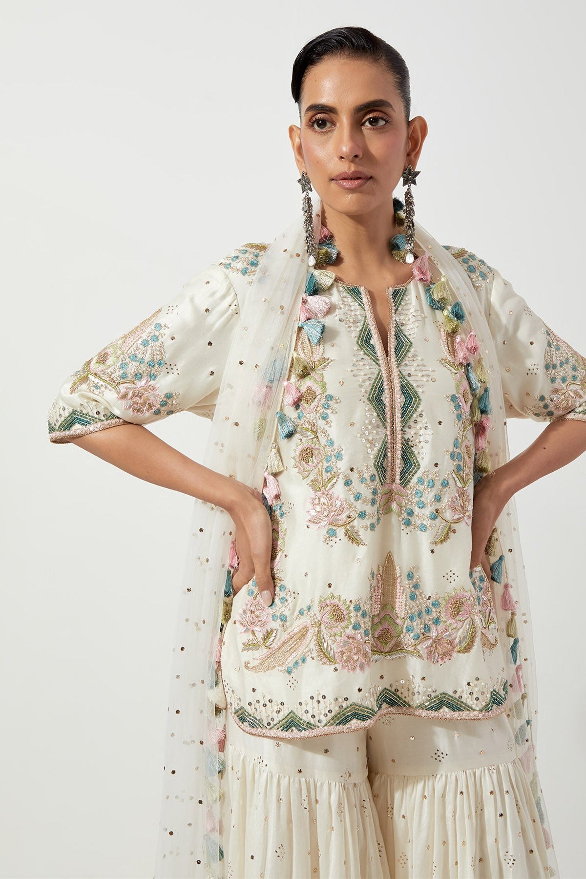 Off-White Embroidered Kurta And Frill Sharara With Net Dupatta