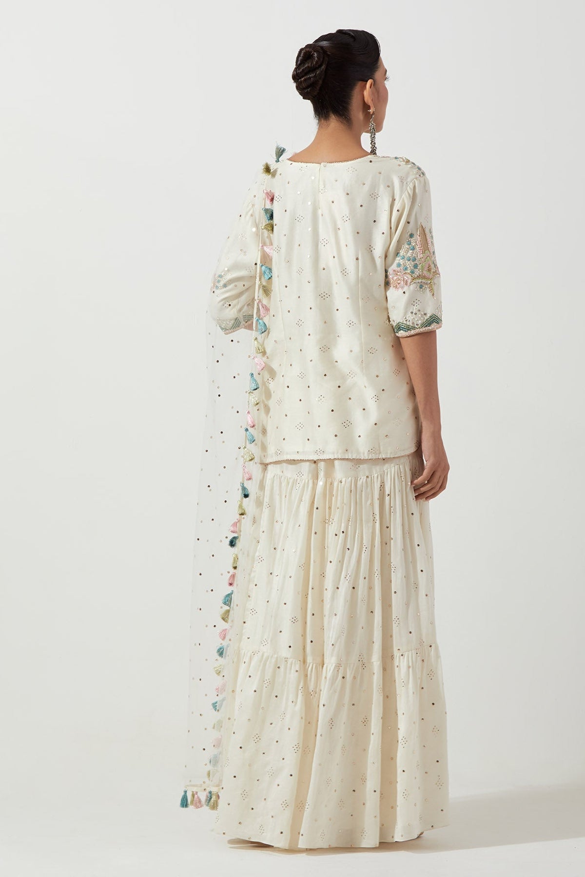 Off-White Embroidered Kurta And Frill Sharara With Net Dupatta