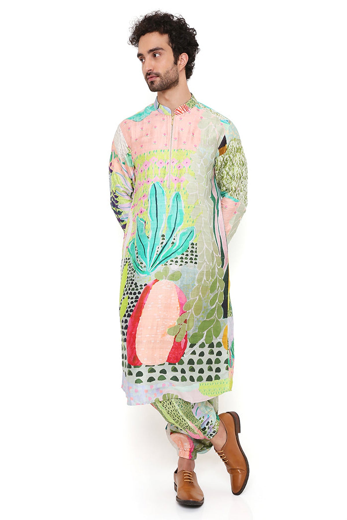 WANDERLUST TROPICAL PRINT DUPION SILK BOMBER KURTA WITH JOGGER PANT