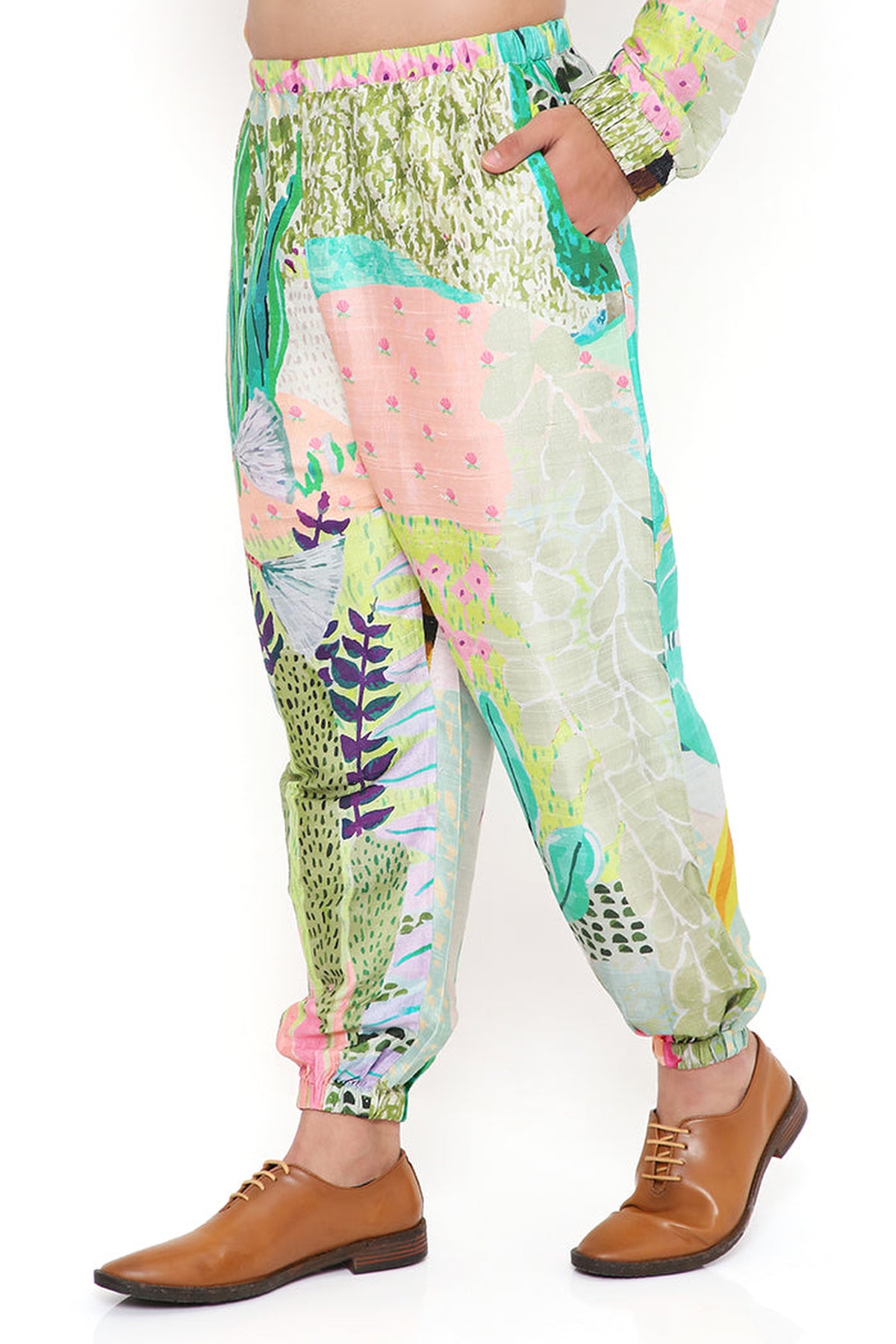 WANDERLUST TROPICAL PRINT DUPION SILK BOMBER KURTA WITH JOGGER PANT
